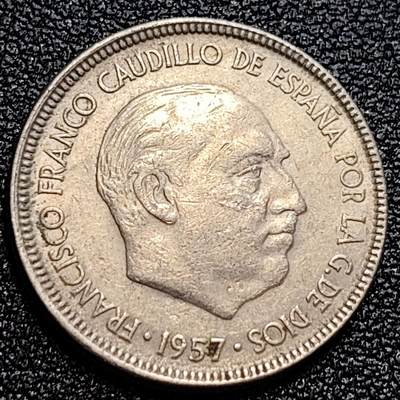 泉币菌-第59场-各国老币铜币场 西班牙1957年5比塞塔 弗朗哥鹰徽23mm