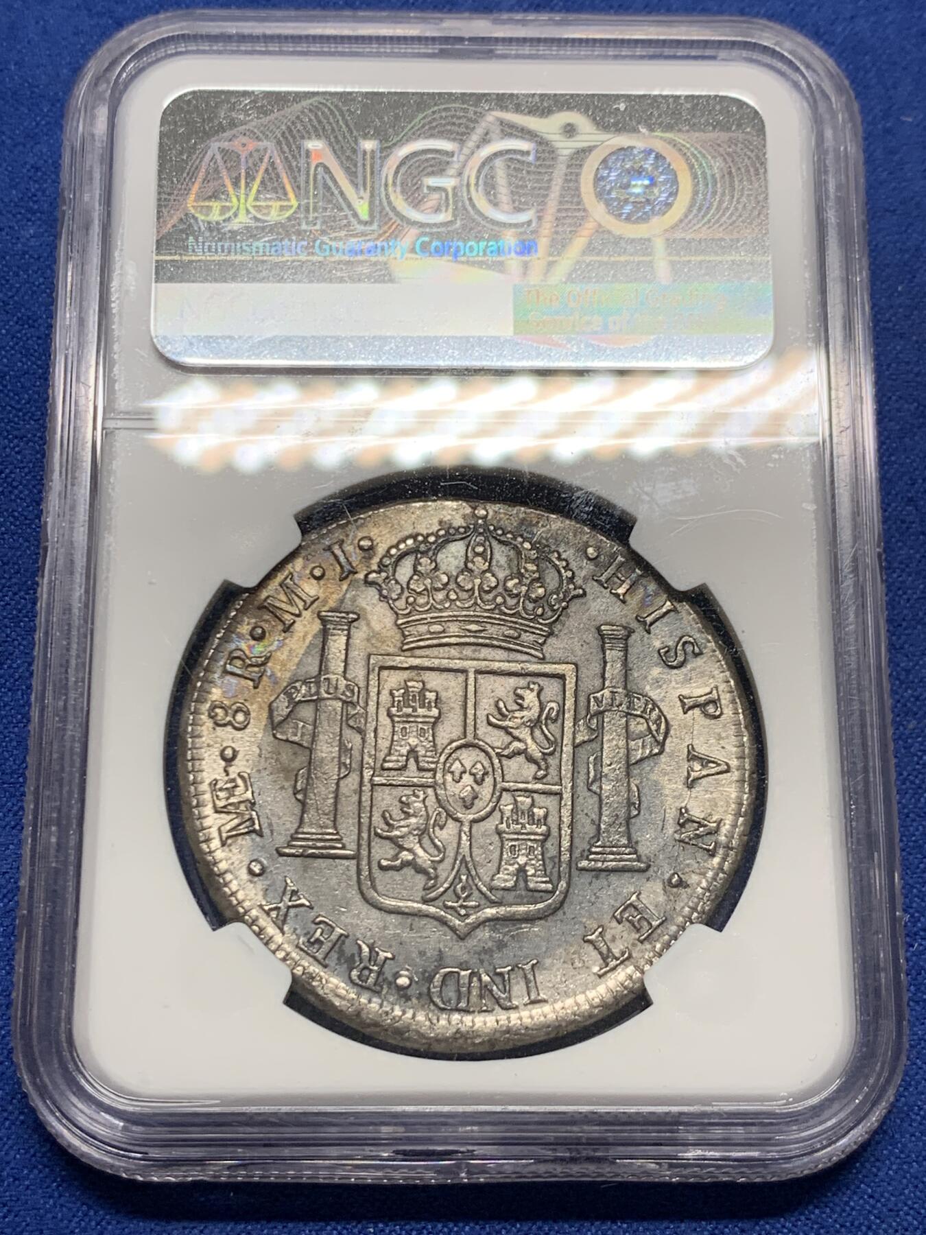《竞宝斋》第403场 周日，周一，2场连拍 （全场包邮） NGC MINT ERROR AUD 西属秘鲁1780年卡洛斯三世 8R双柱大银币 细节见图