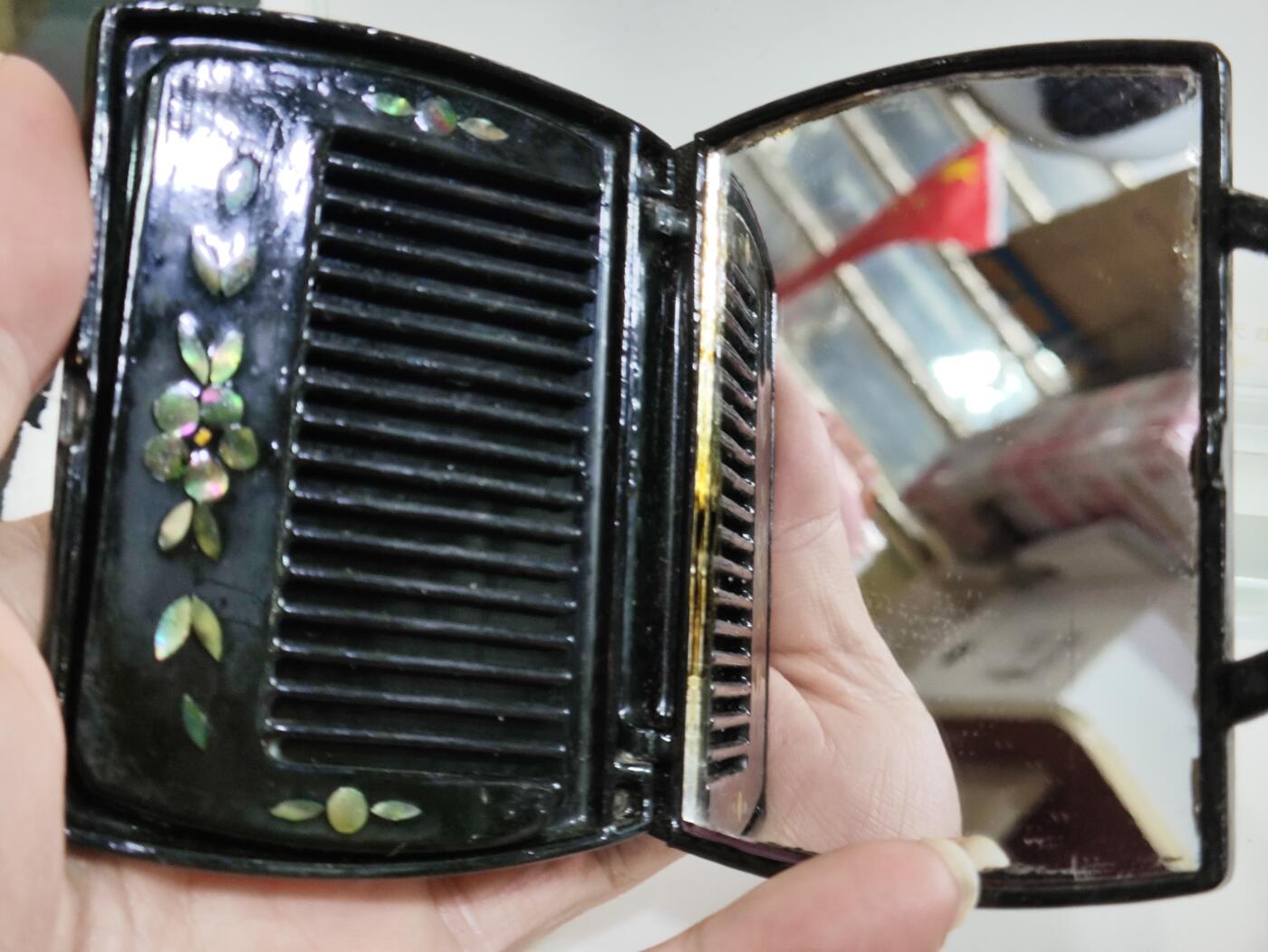 杂七杂八 螺钿漆木小化妆盒，梳+镜套装