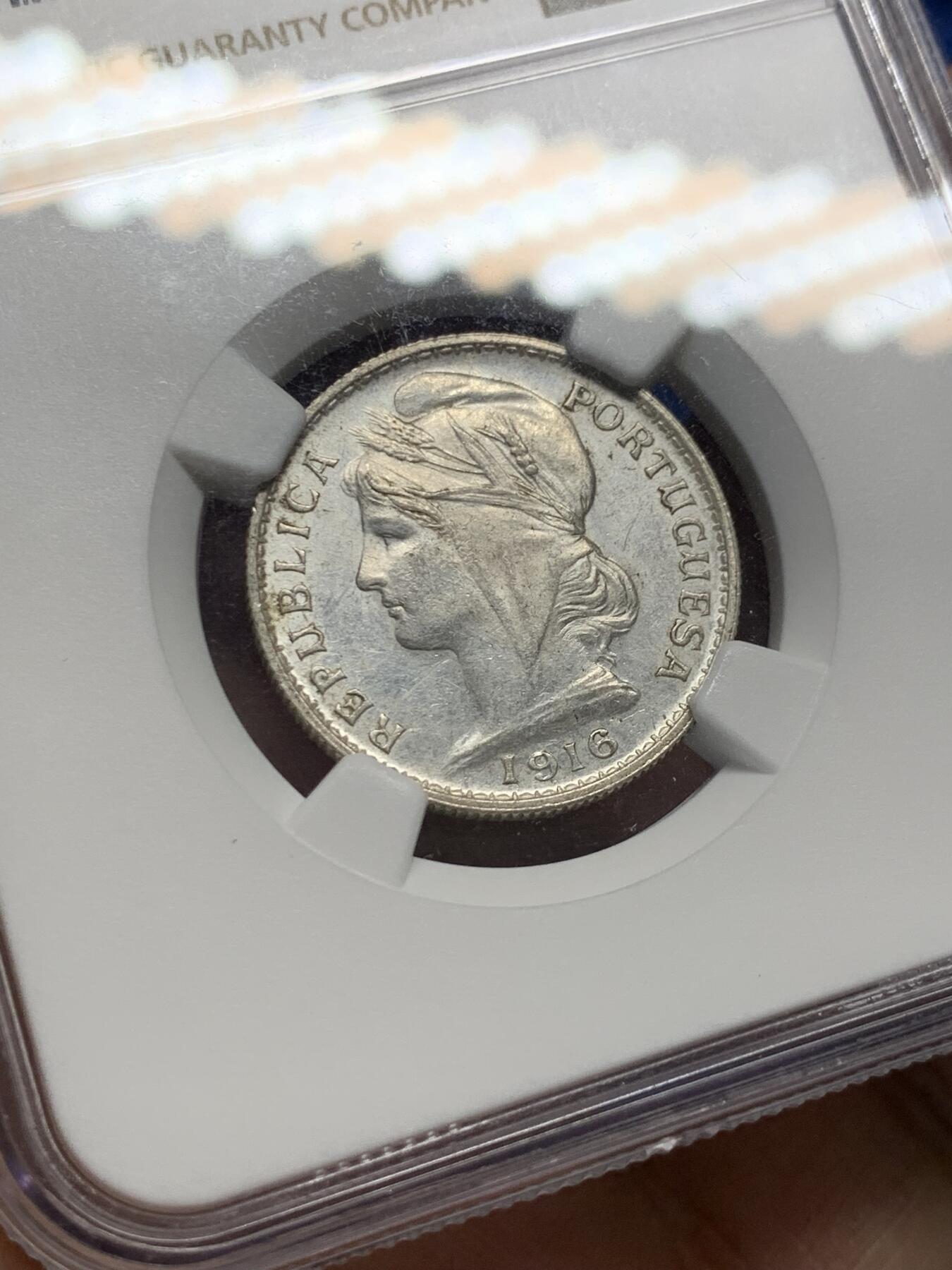 《竞宝斋》第404场 周日，周一，2场连拍 （全场包邮） NGC UNC 葡萄牙1916年20cent银币 筋币