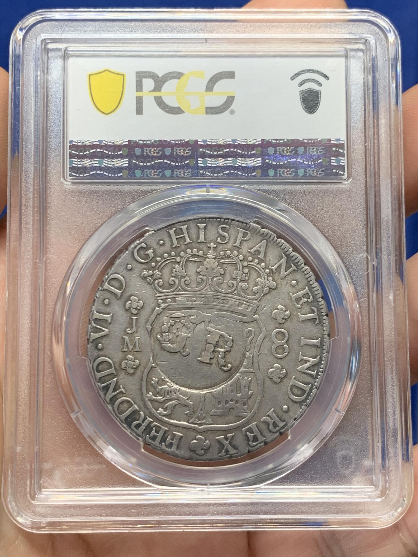 《竞宝斋》第404场 周日，周一，2场连拍 （全场包邮） 亚军分 PCGS XF40 英属牙买加 1758 加盖秘鲁8里亚尔，比加盖墨西哥少几个数量级  打制状态低评严重
