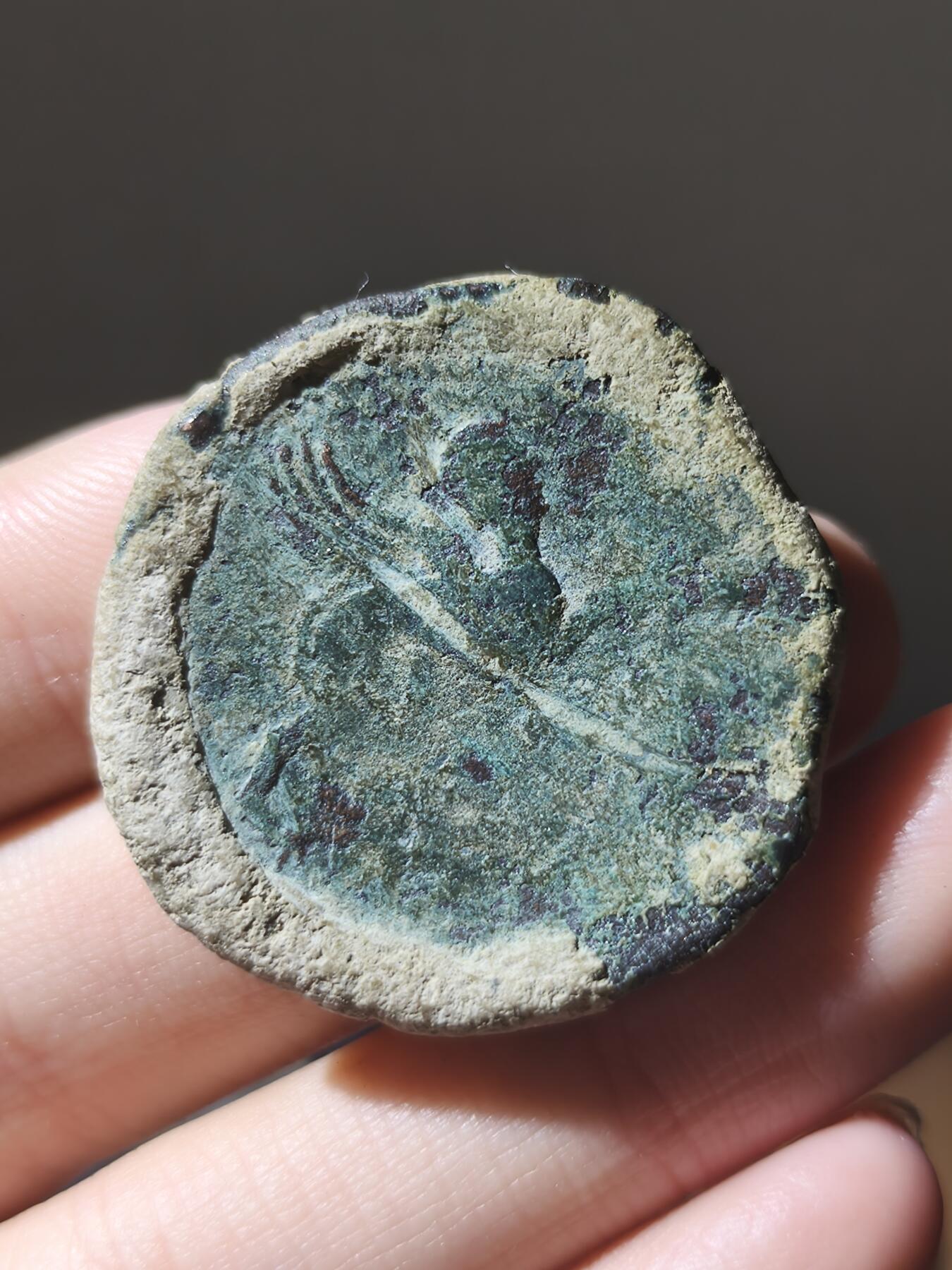 古罗马西班牙地区卡斯图洛铜币卡斯图洛(Castulo)，位于今西班牙安达卢西亚自治区的曼恩省利纳雷斯市附近。极其厚重有手感的一枚，重35.8克硬壳锈，整体风格粗犷正面罗马公民，背面狮鹫非常厚重，少见品，硬壳锈包浆