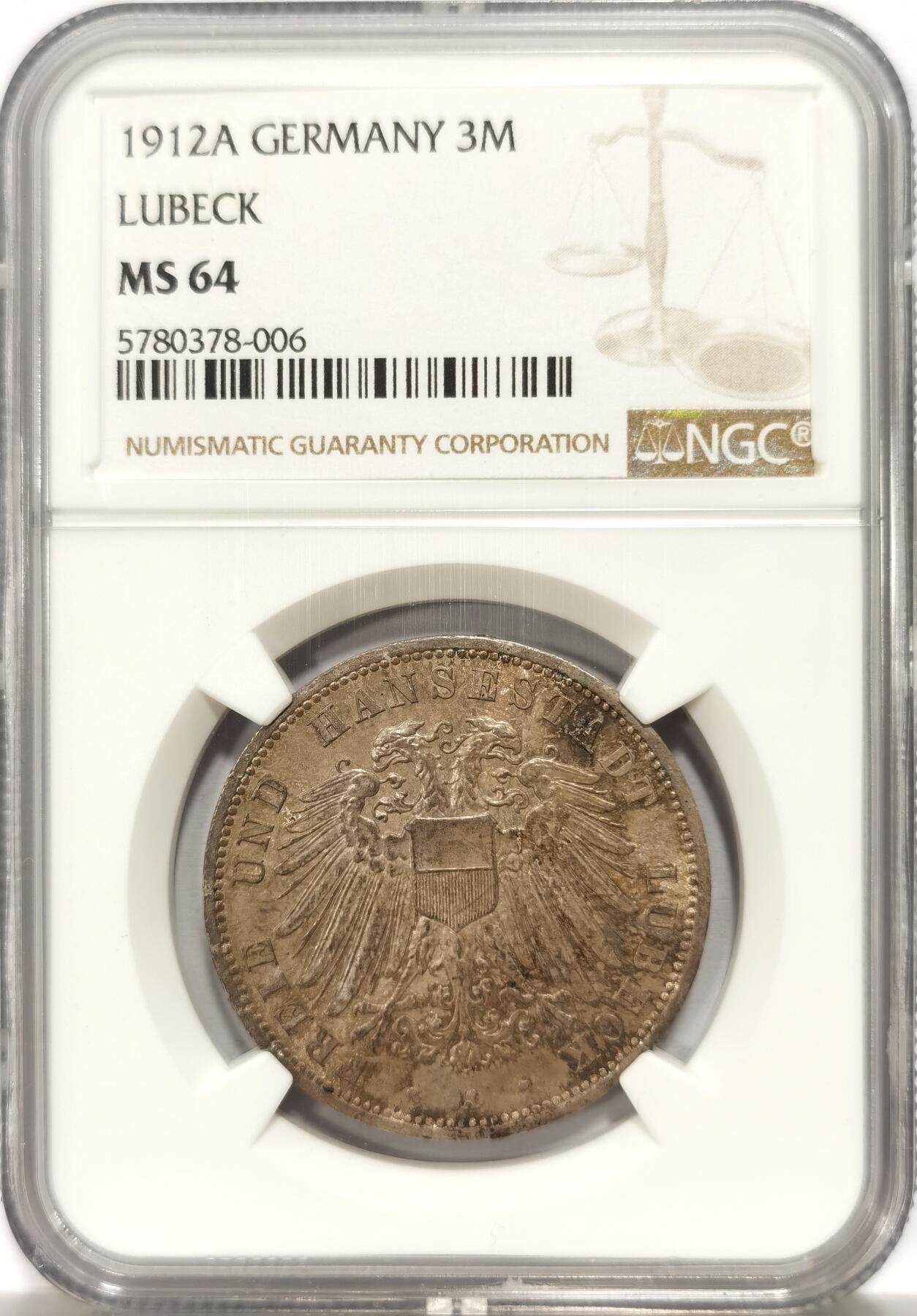 博洋堂德系小专场暨第132期（全场包邮） NGC MS64 德国吕贝克1912年3马克银币，近几年稳定升值品种，少见
