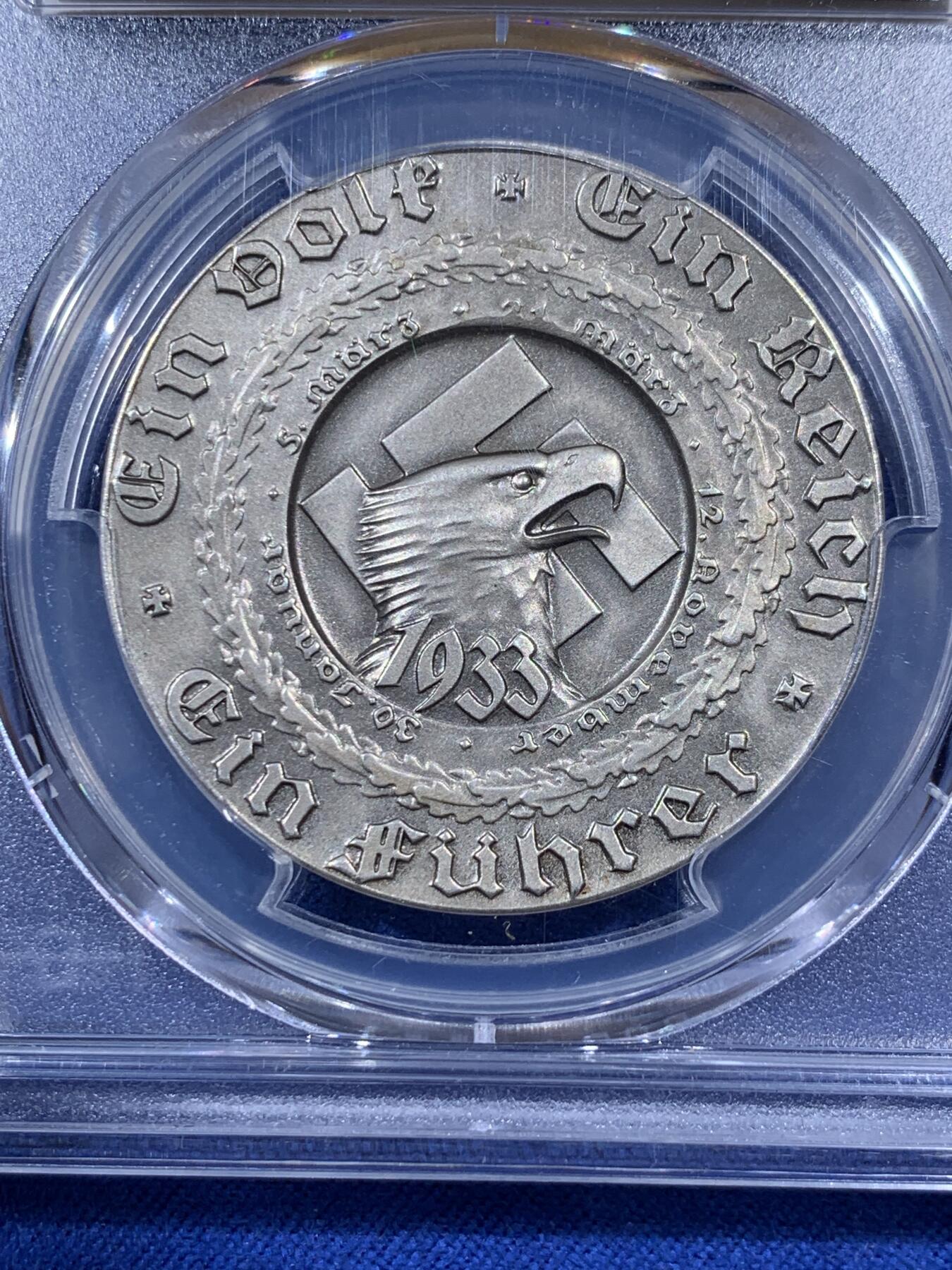 《竞宝斋》第404场 周日，周一，2场连拍 （全场包邮） PCGS MS63 德国 1933年 民族社会主义工人党党魁大事记纪念银章 状态绝了 官方图片错误