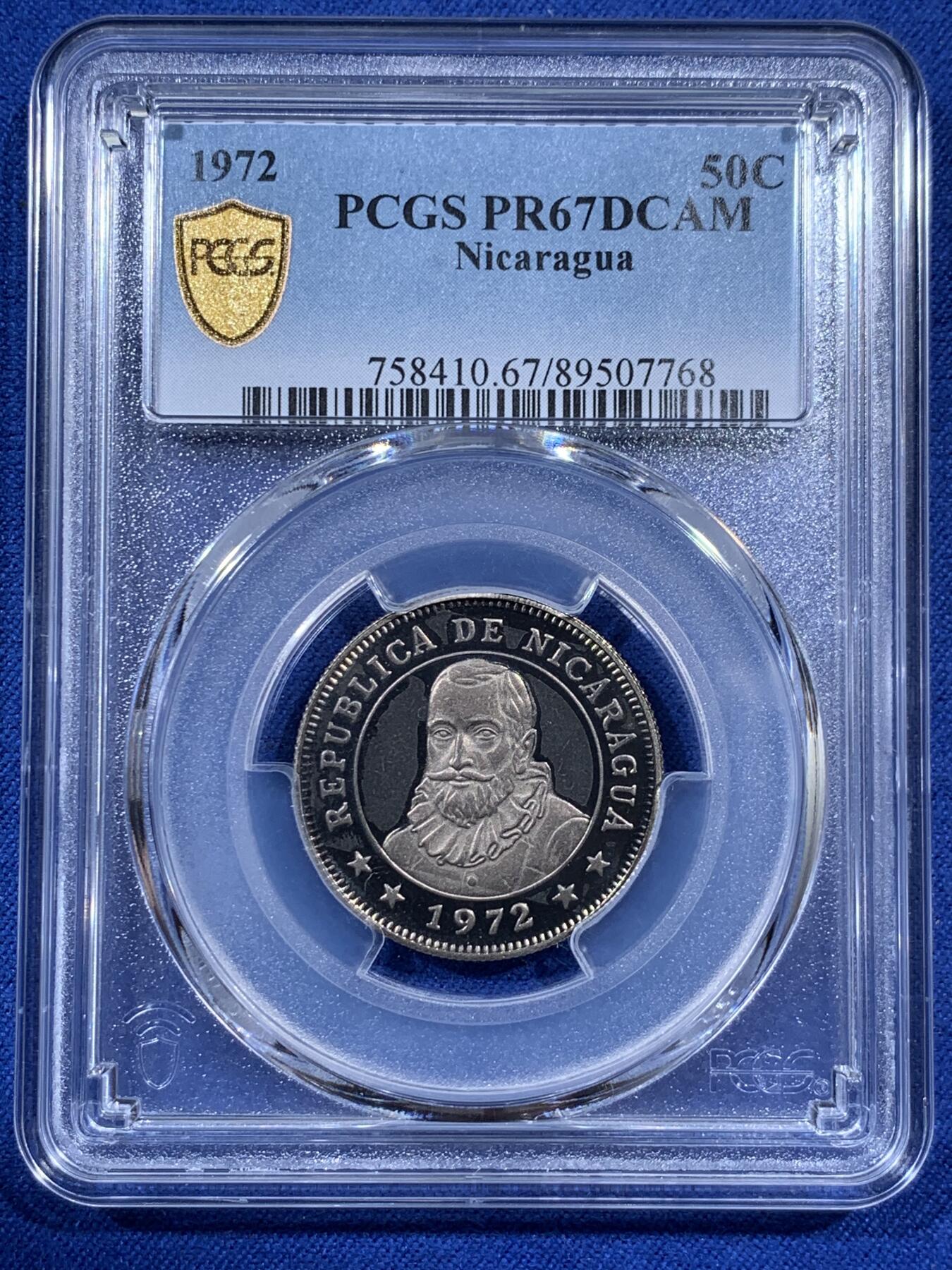 《竞宝斋》第404场 周日，周一，2场连拍 （全场包邮） PCGS PR67DCAM 1972尼加拉瓜 50分精制镍币 币面干净 浮雕感强
