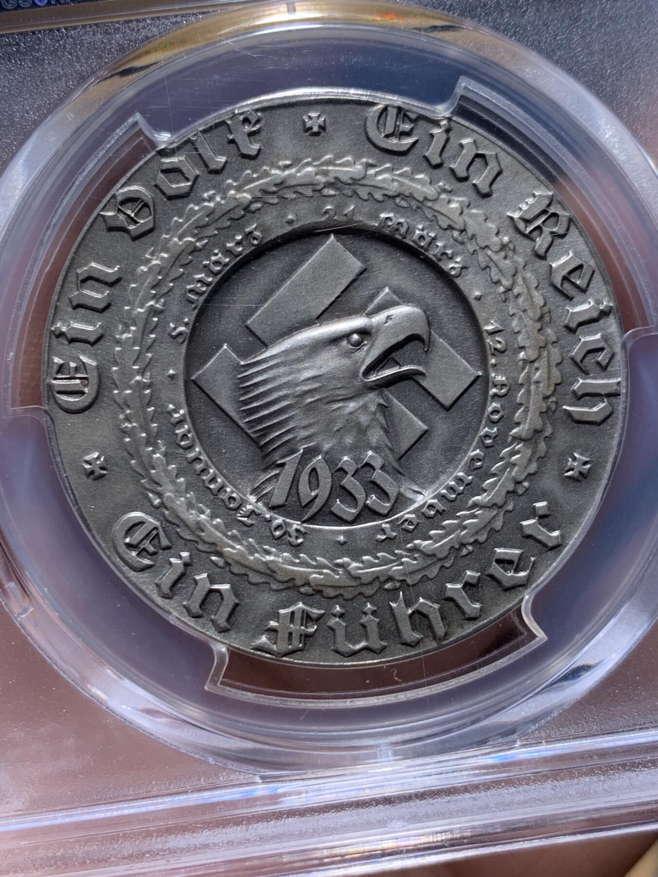 《竞宝斋》第404场 周日，周一，2场连拍 （全场包邮） PCGS MS63 德国 1933年 民族社会主义工人党党魁大事记纪念银章 状态绝了 官方图片错误