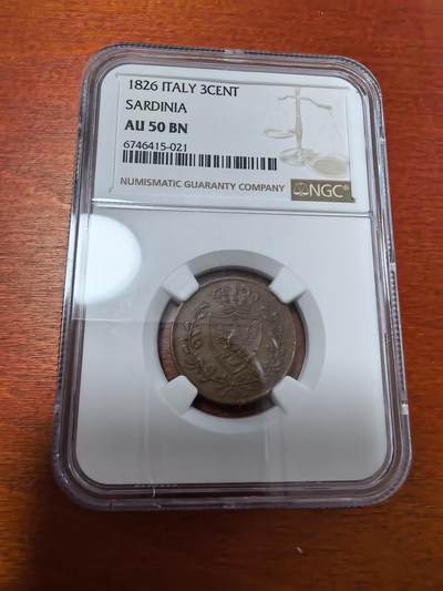 长老汇蛇年精选第二十八场拍卖 - 1826意大利萨迪纳3分铜币，NGC AU50BN，克书XF40分95美金，MS60分350美金