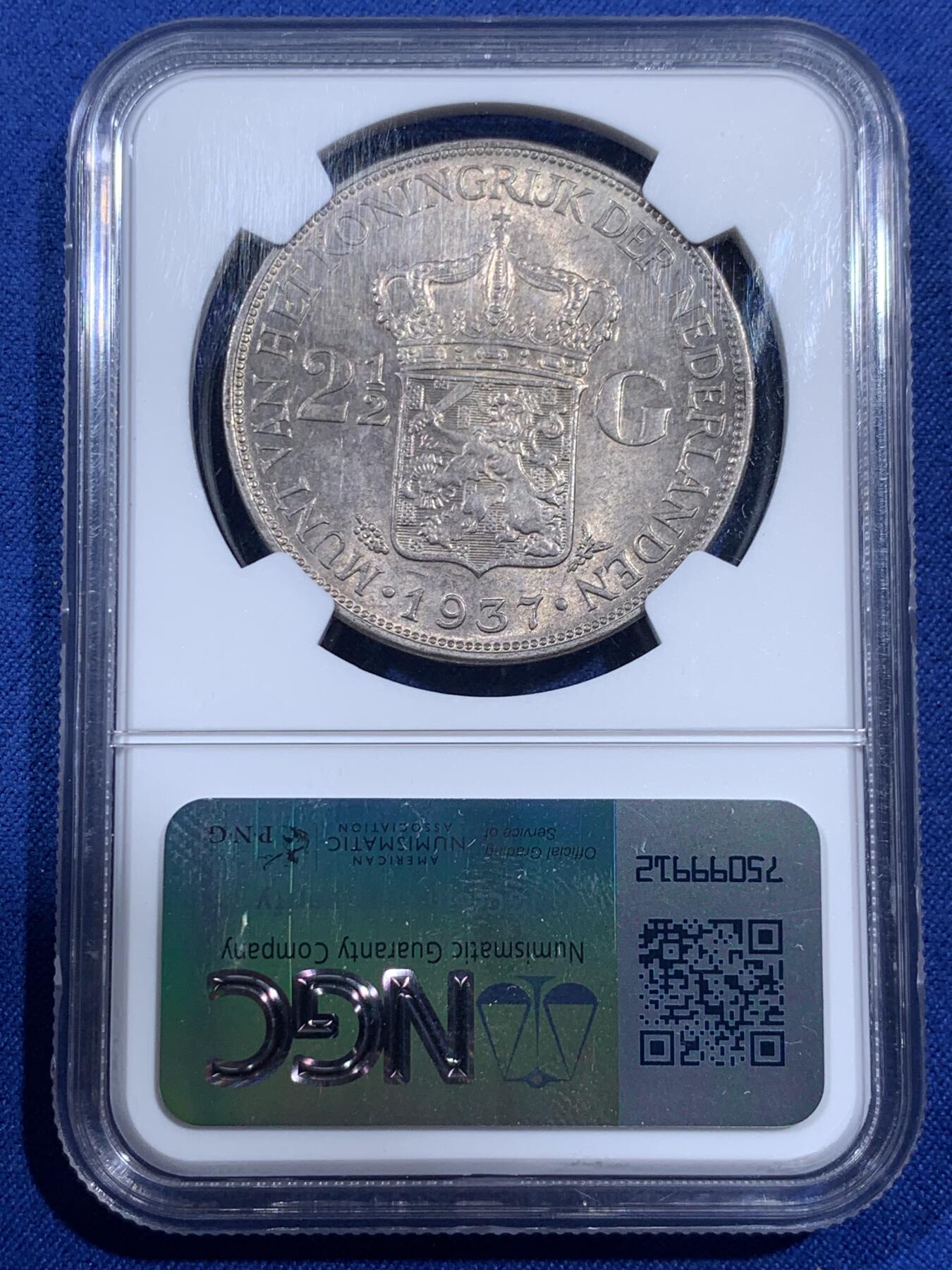 《竞宝斋》第404场 周日，周一，2场连拍 （全场包邮） NGC MS62 荷兰1937年威廉敏娜女王2.5盾大银币