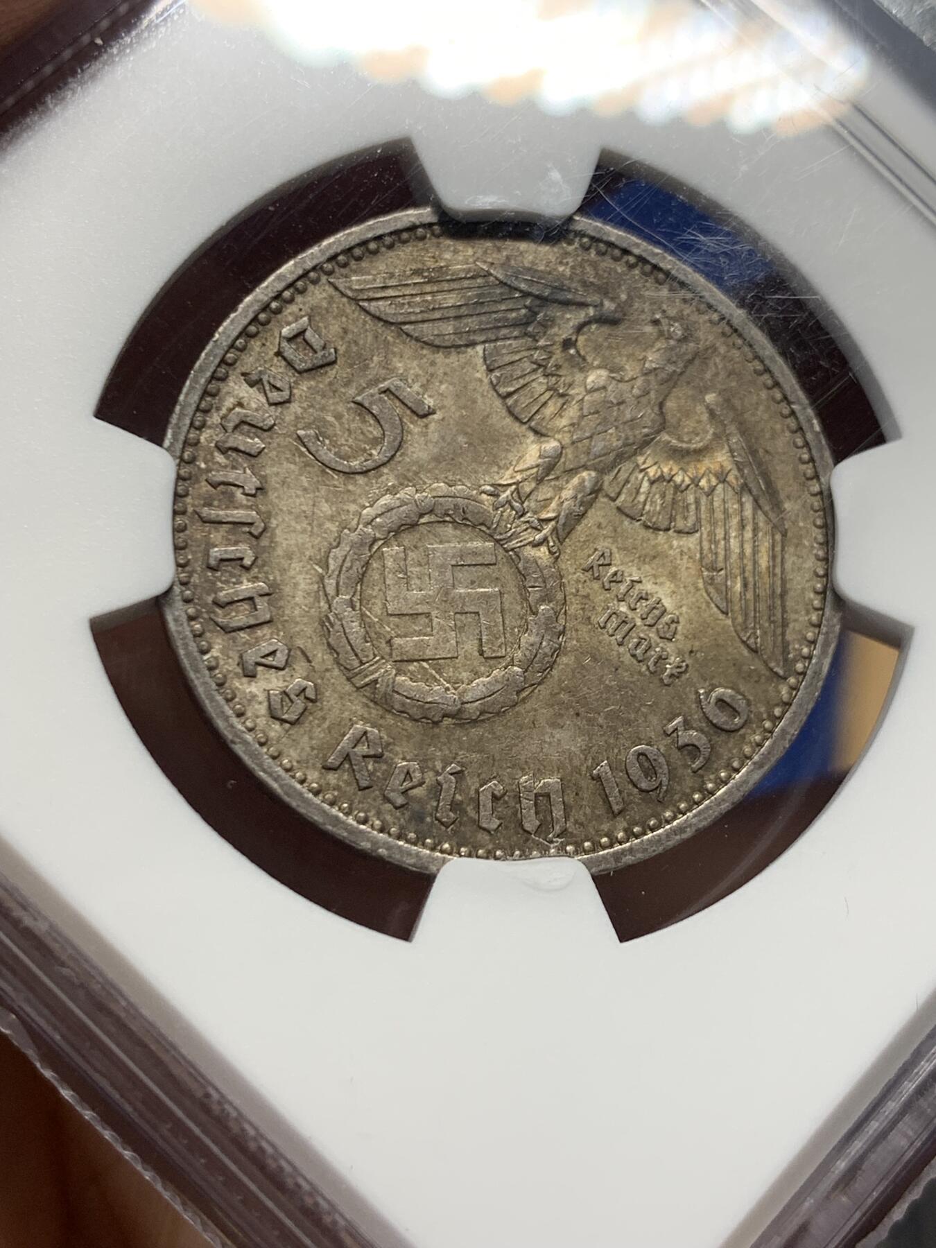 《竞宝斋》第404场 周日，周一，2场连拍 （全场包邮） NGC MS64 德国1936E兴登堡5马克银币，浓厚黄油彩+高分 集大成于一身，错过很难再遇