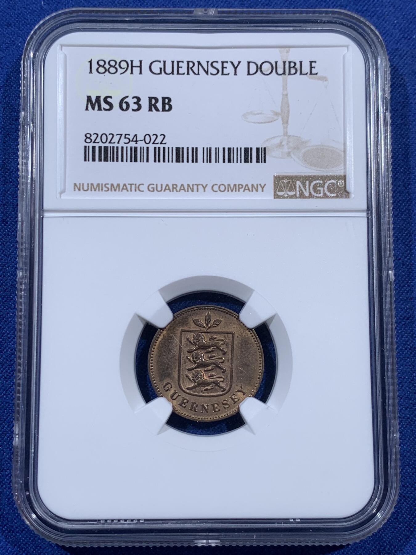《竞宝斋》第404场 周日，周一，2场连拍 （全场包邮） NGC MS63RB 1889H格恩西1道布 包浆醇厚 国徽立体 狮子栩栩如生 状态极佳 19世纪老铜币非常少见