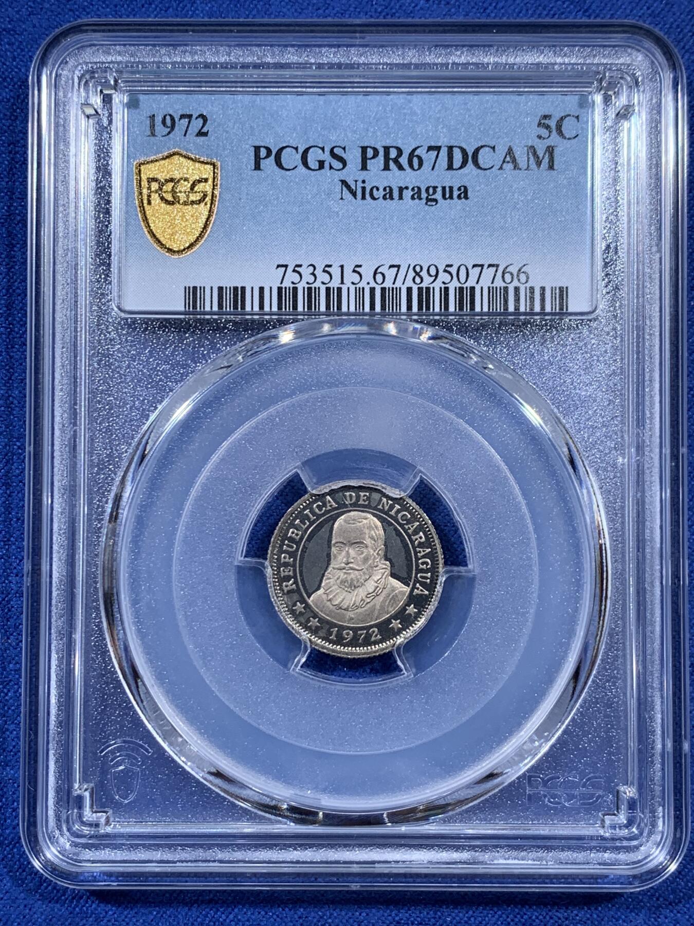 《竞宝斋》第404场 周日，周一，2场连拍 （全场包邮） PCGS PR67DCAM 1972尼加拉瓜 5分精制镍币 币面干净 浮雕感强
