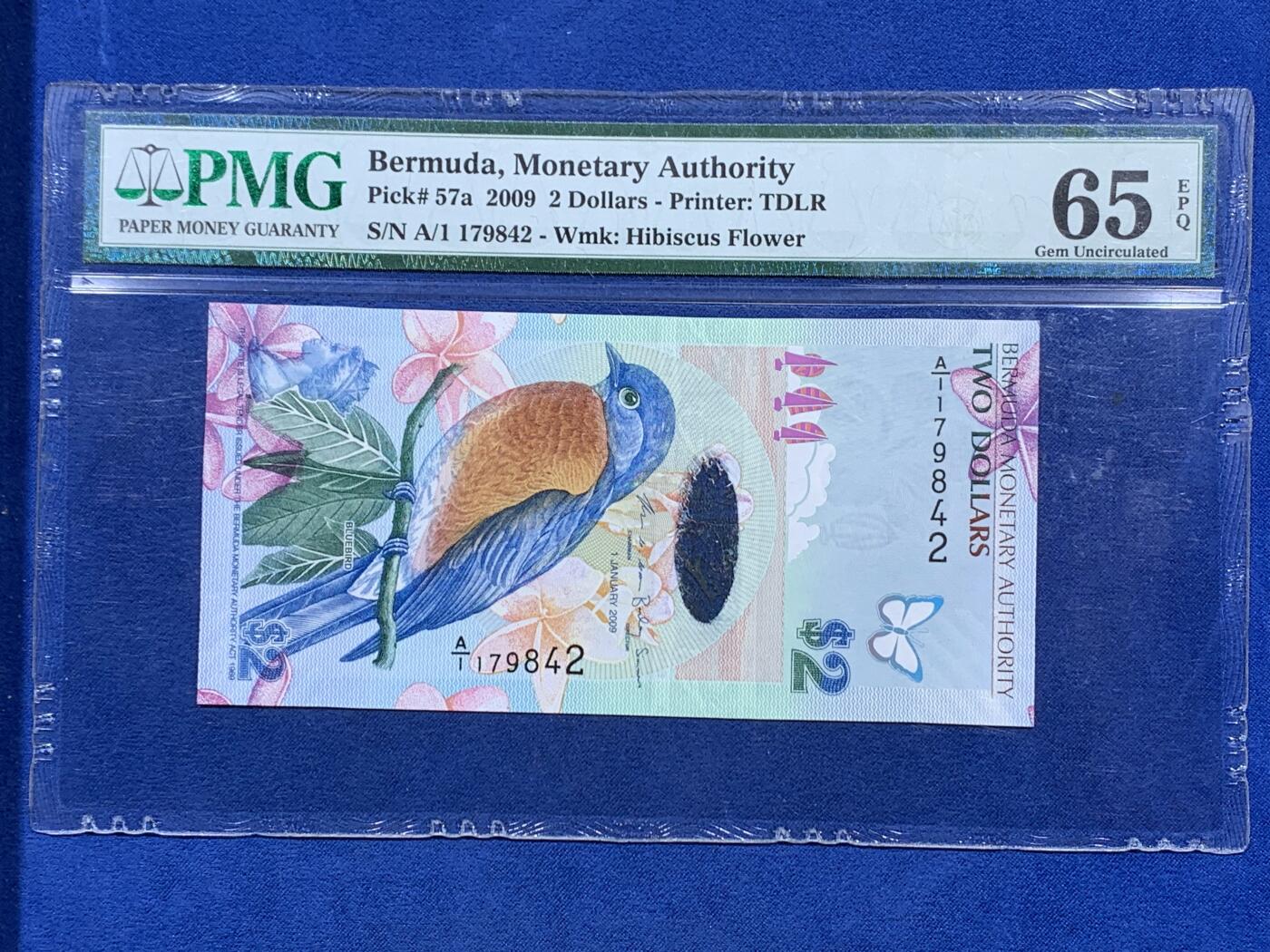 《竞宝斋》第404场 周日，周一，2场连拍 （全场包邮） PMG 65EPQ 百慕大2009年2元经典蓝鸟钞  A/1冠  INBS获奖钞 细节见图