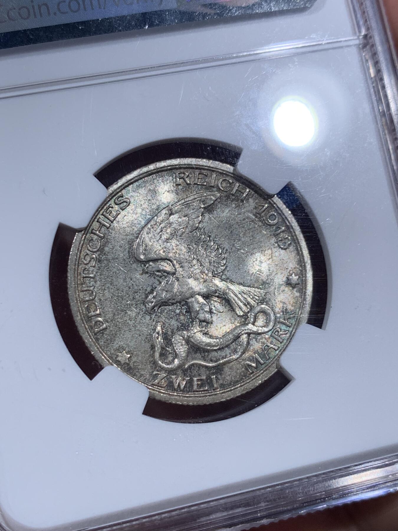 《竞宝斋》第404场 周日，周一，2场连拍 （全场包邮） NGC MS62 德国1913年2马克银币，击败拿破仑纪念，百年黄油彩包浆赏心悦目。