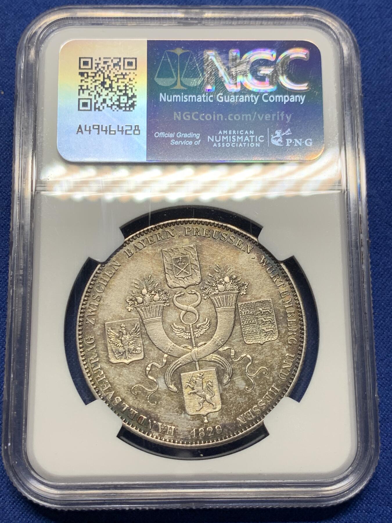 《竞宝斋》第404场 周日，周一，2场连拍 （全场包邮） NGC UNC 德国巴伐利亚1829年商贸条约历史泰勒银币