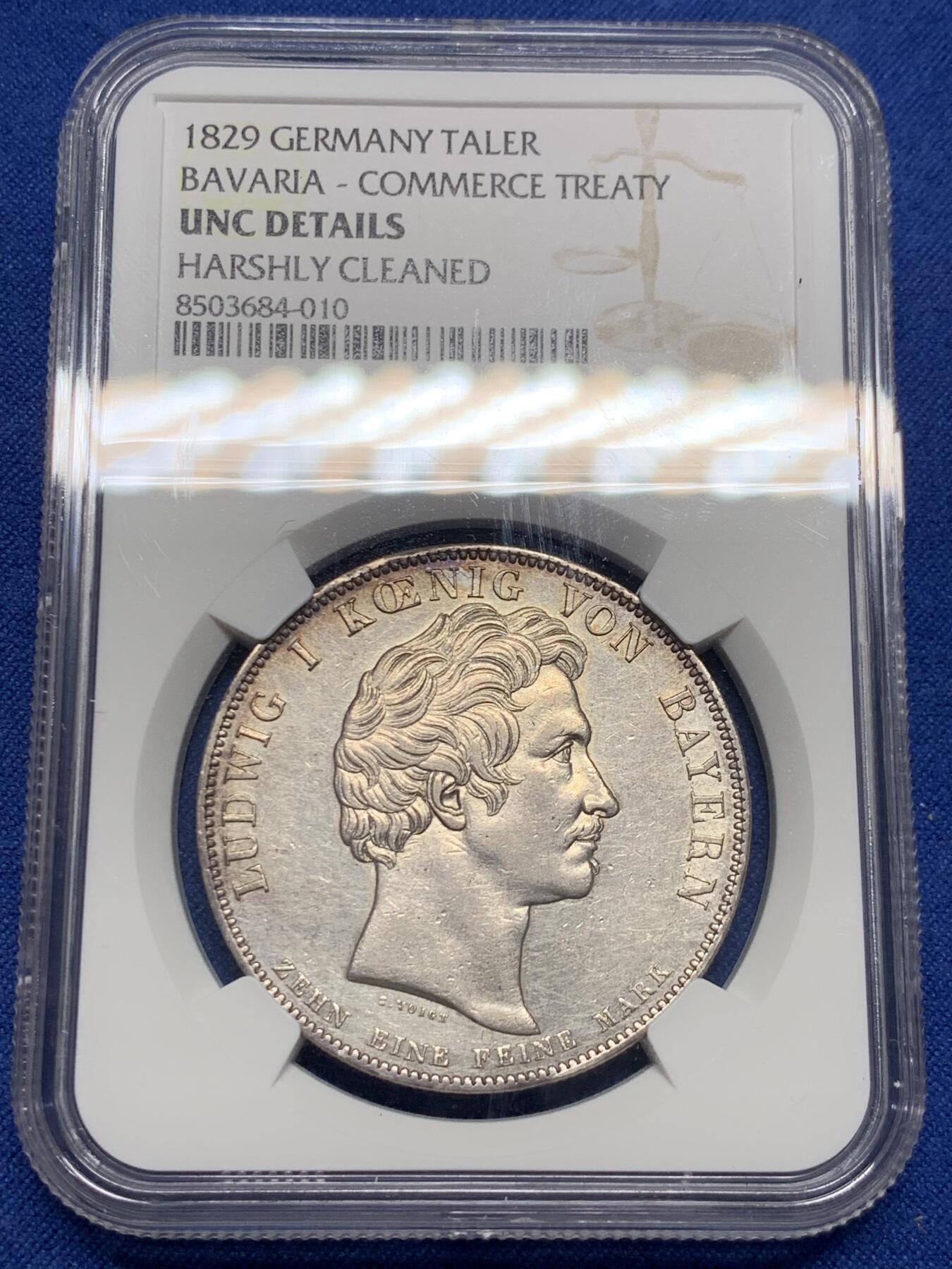 《竞宝斋》第404场 周日，周一，2场连拍 （全场包邮） NGC UNC 德国巴伐利亚1829年商贸条约历史泰勒银币