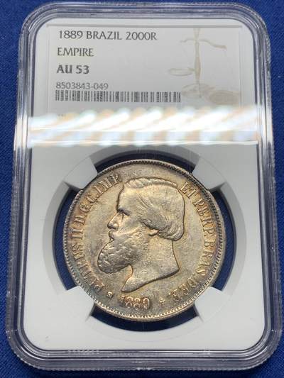 《竞宝斋》第404场 周日，周一，2场连拍 （全场包邮） - NGC AU53 巴西1889年佩德罗二世2000瑞斯银币