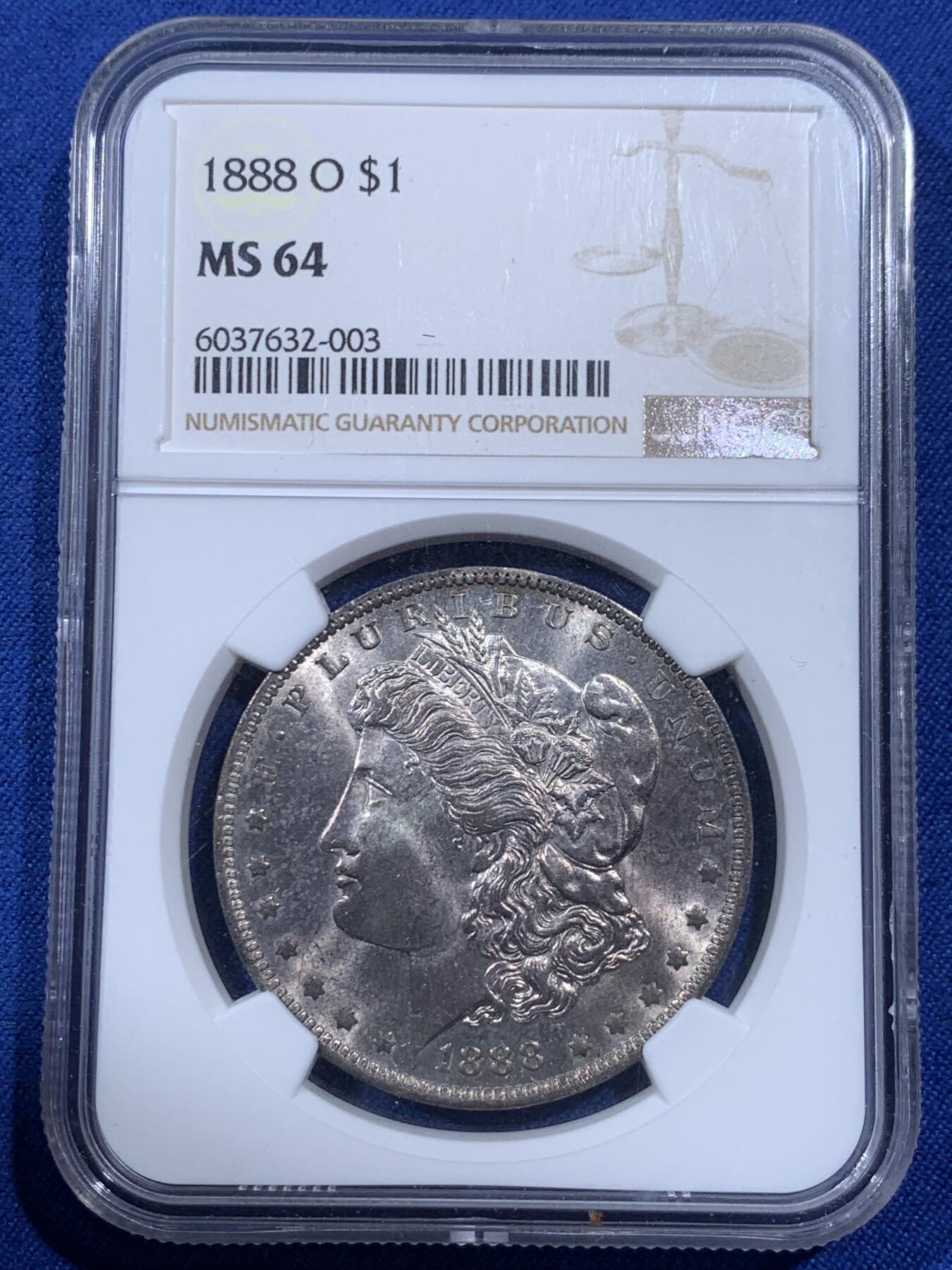 《竞宝斋》第404场 周日，周一，2场连拍 （全场包邮） NGC MS64 美国 1888 O版 摩根银币