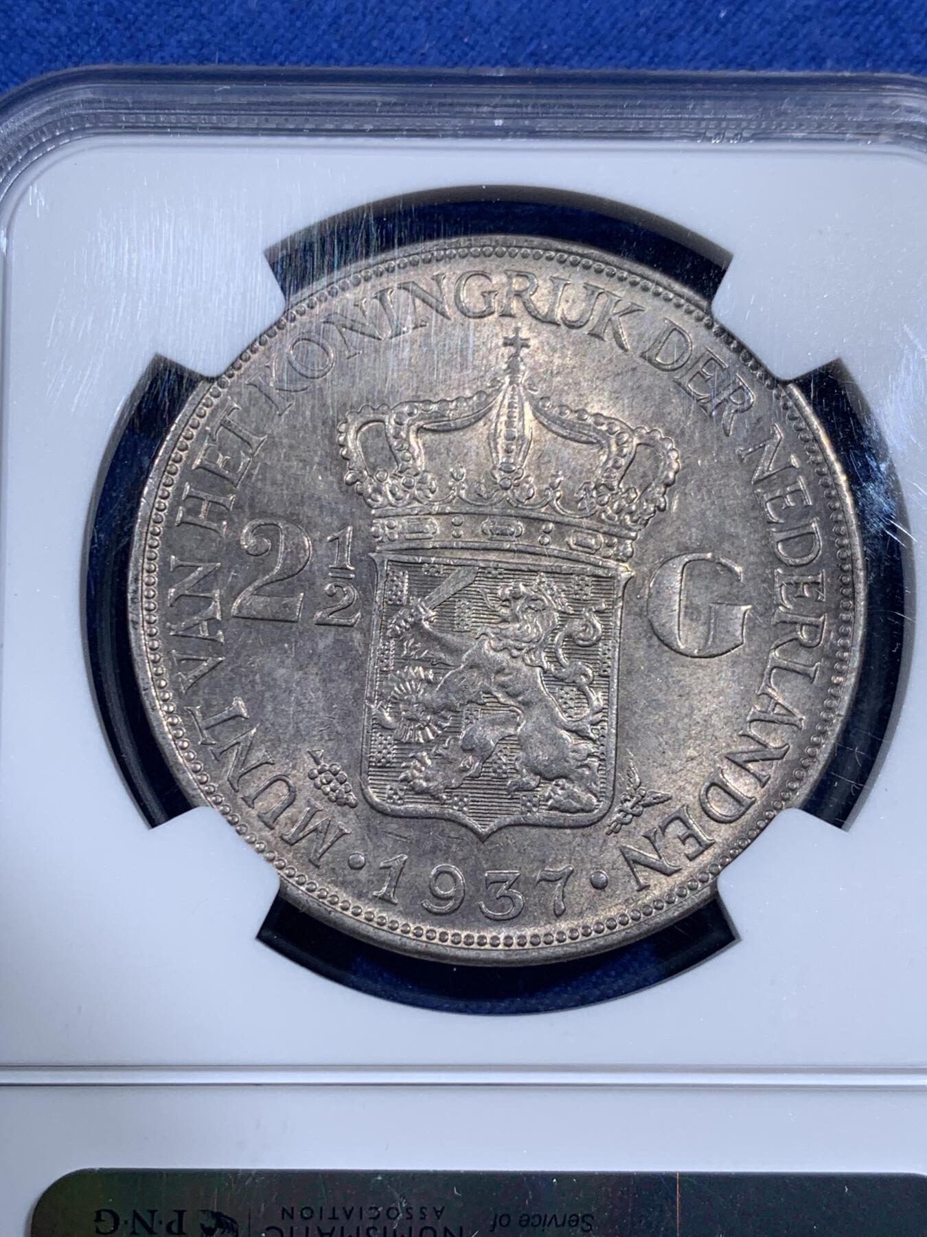 《竞宝斋》第404场 周日，周一，2场连拍 （全场包邮） NGC MS62 荷兰1937年威廉敏娜女王2.5盾大银币
