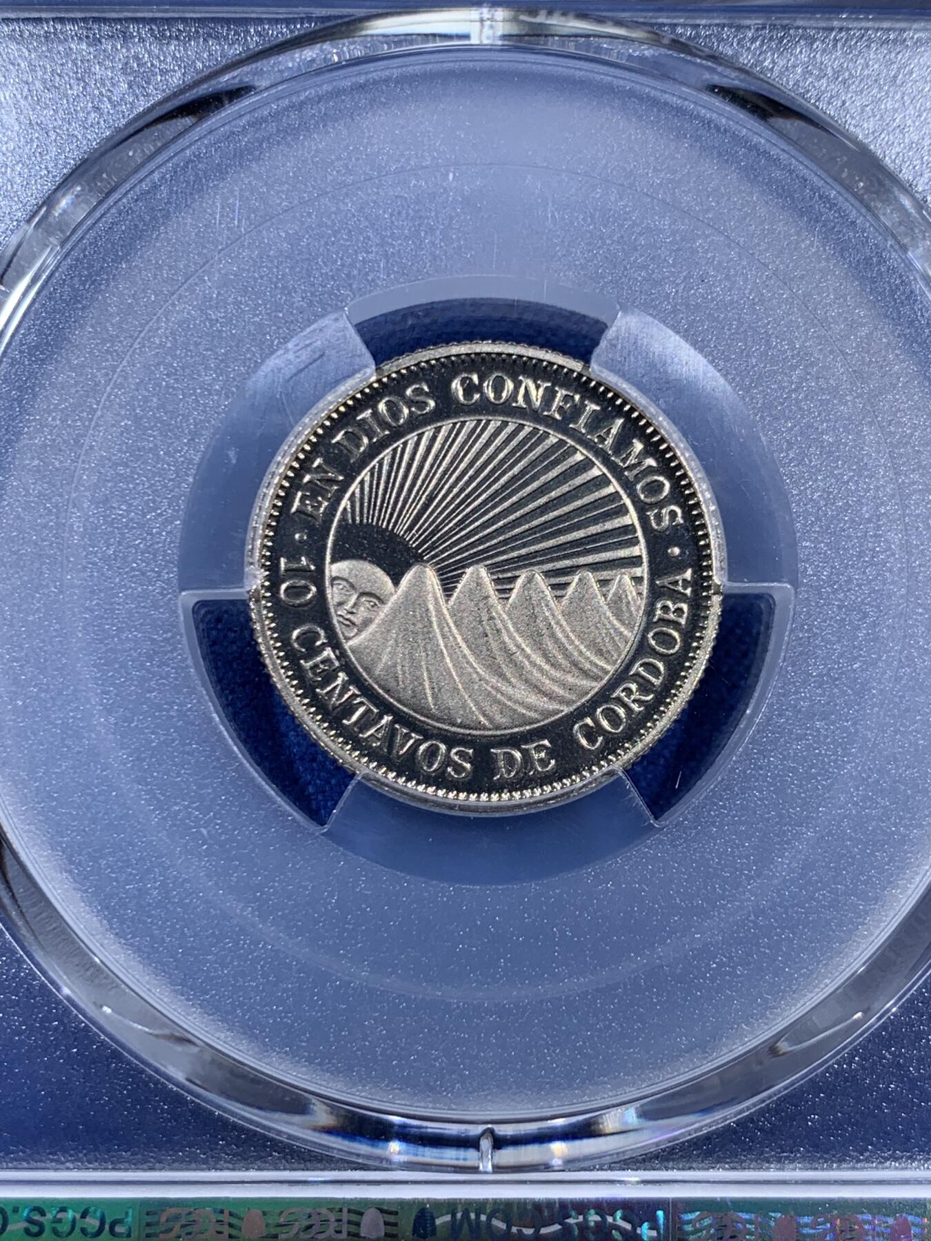《竞宝斋》第404场 周日，周一，2场连拍 （全场包邮） PCGS PR67DCAM 1972尼加拉瓜 10分精制镍币 币面干净 浮雕感强