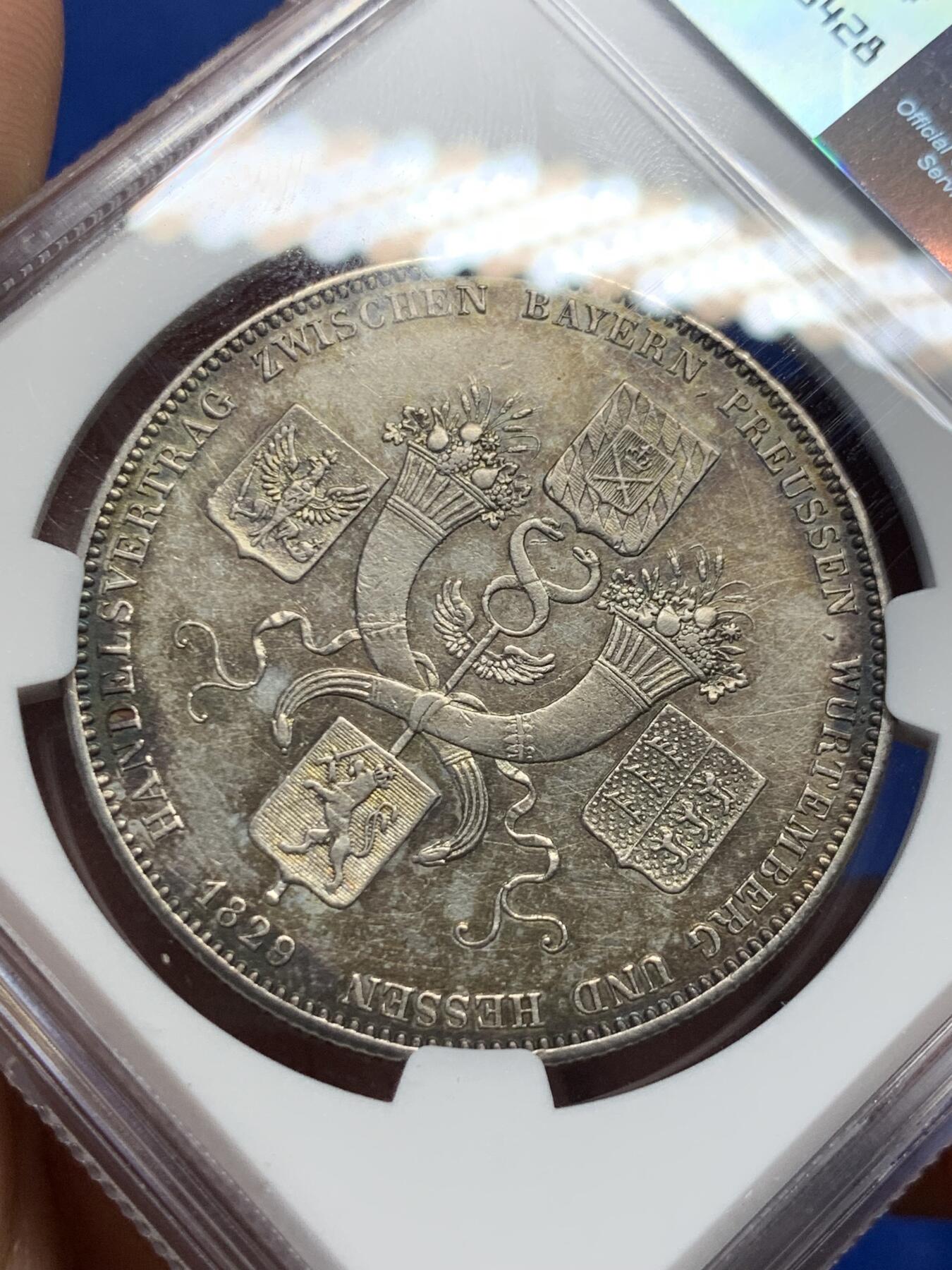《竞宝斋》第404场 周日，周一，2场连拍 （全场包邮） NGC UNC 德国巴伐利亚1829年商贸条约历史泰勒银币