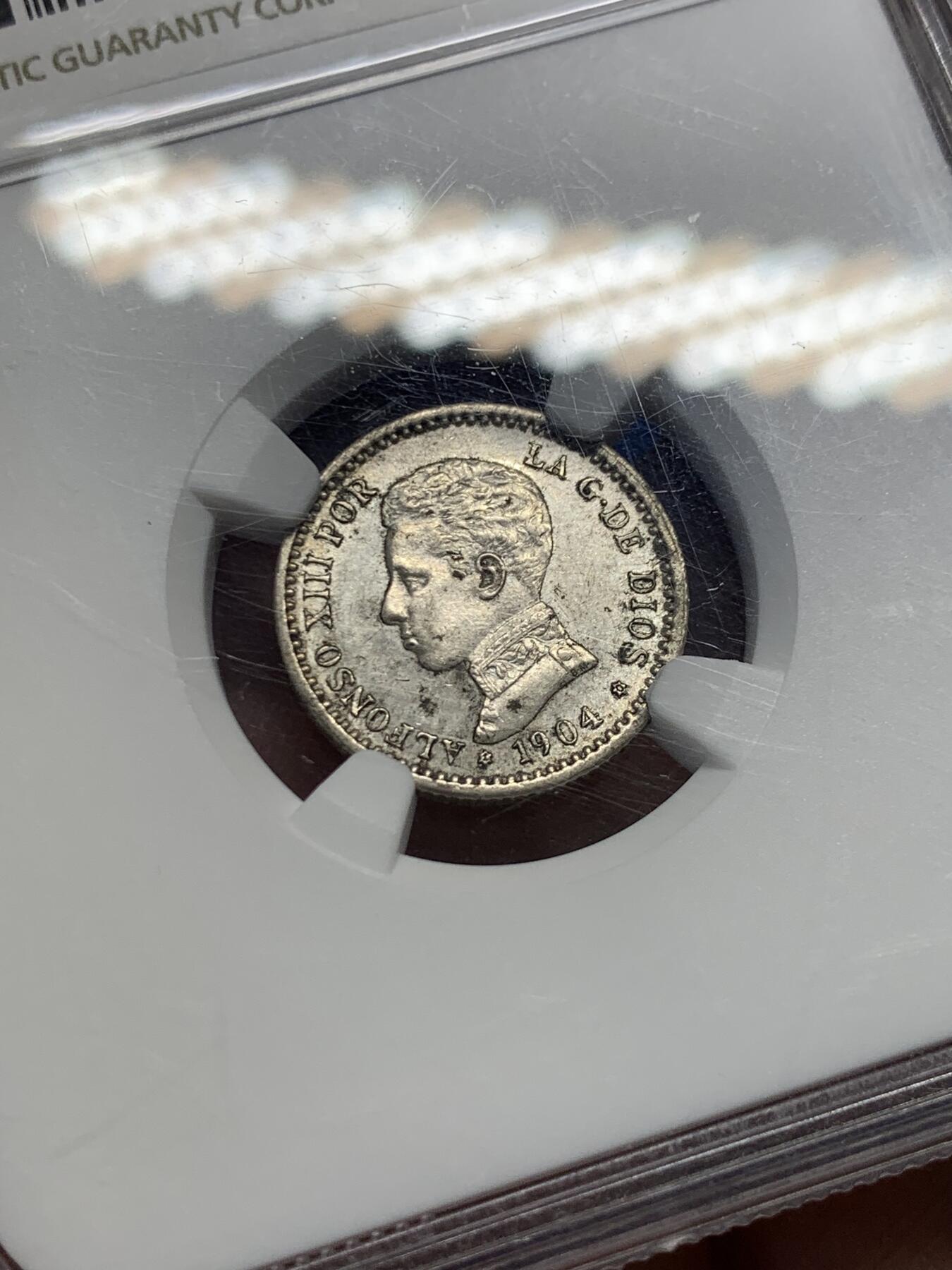 《竞宝斋》第404场 周日，周一，2场连拍 （全场包邮） NGC MS62 西班牙 1904(10)年 50分小银币 转光好品