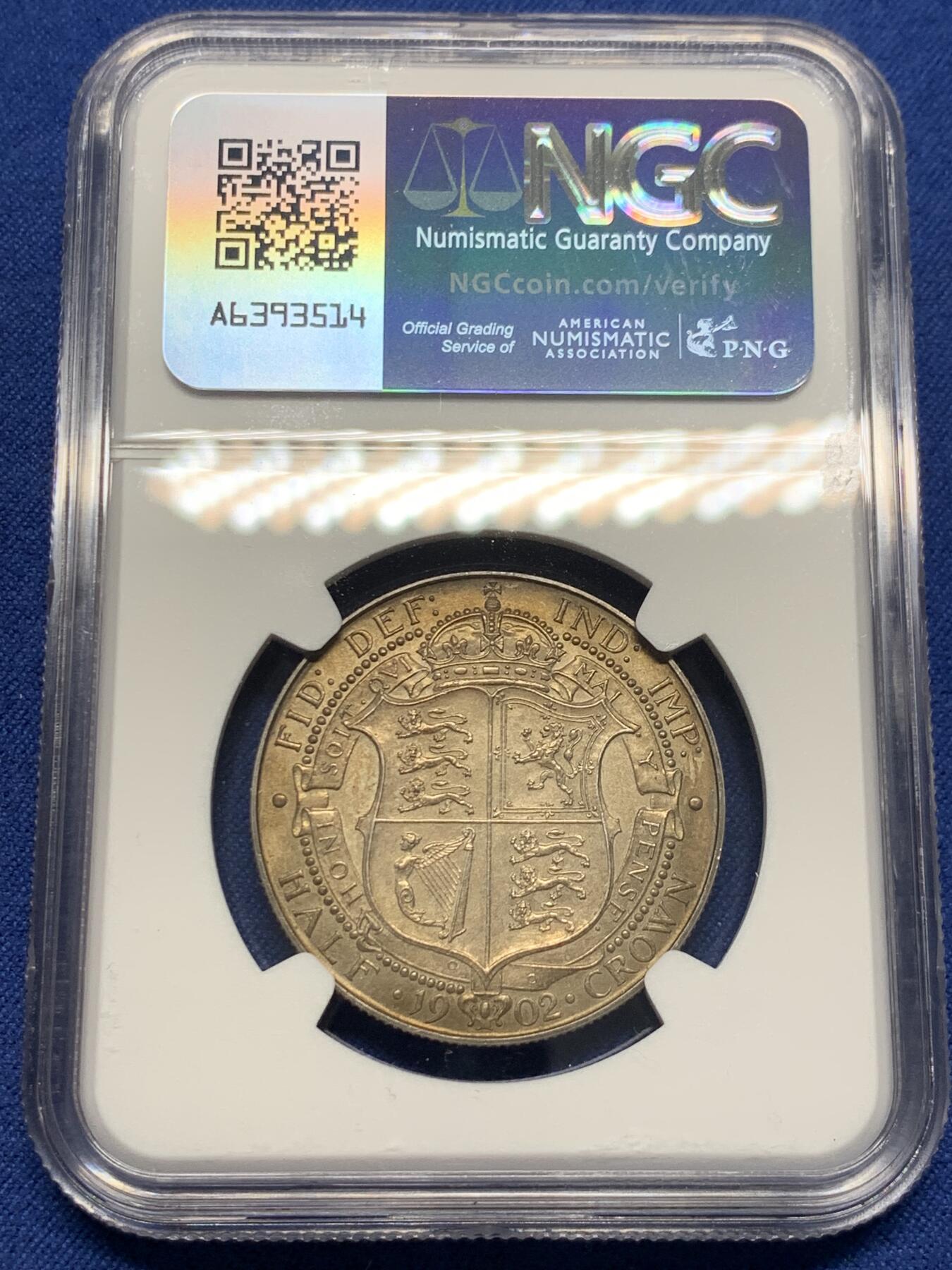 《竞宝斋》第404场 周日，周一，2场连拍 （全场包邮） NGC PF63MATTE 英国1902年爱七半克朗精制银币