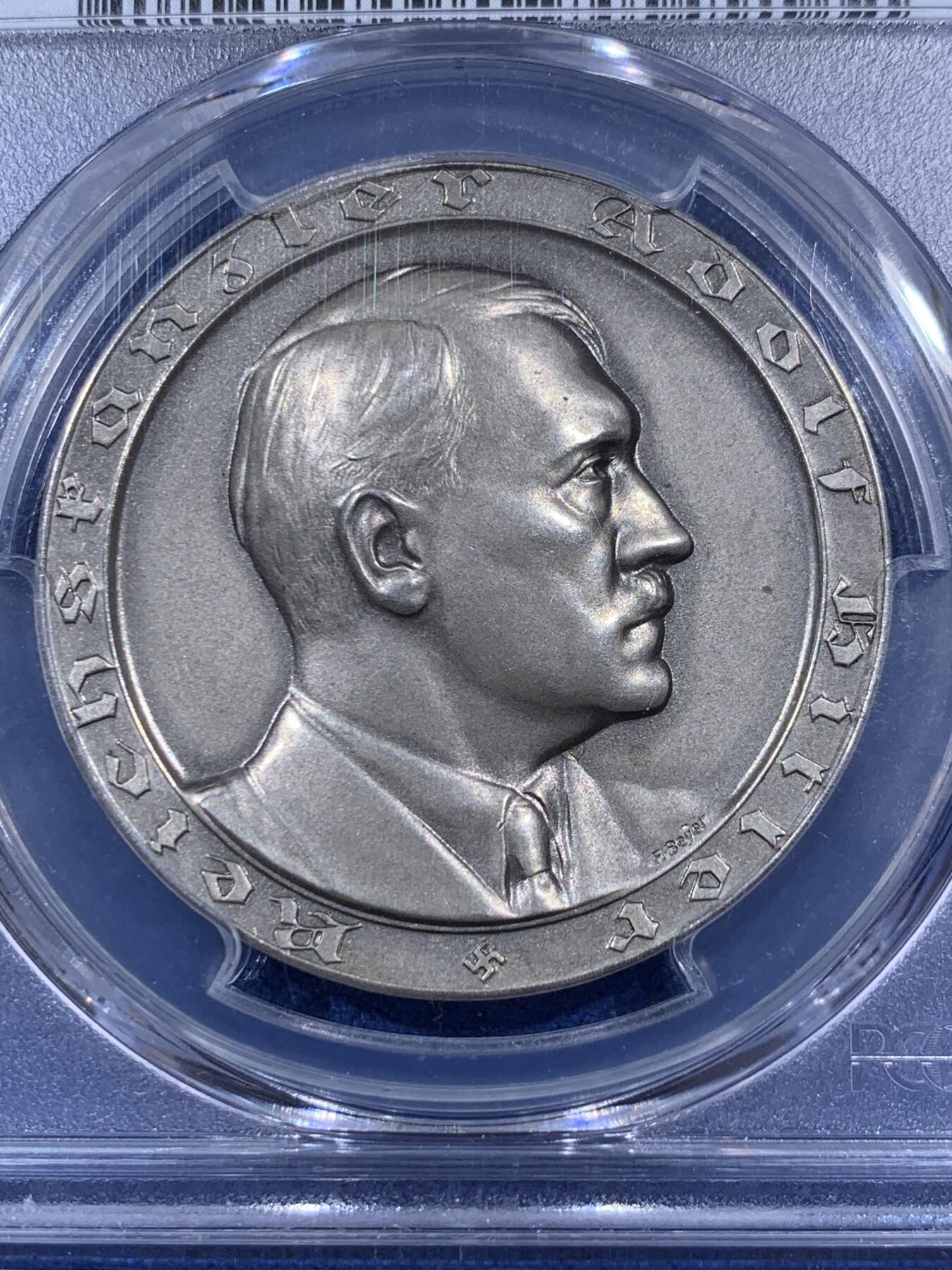 《竞宝斋》第404场 周日，周一，2场连拍 （全场包邮） PCGS MS63 德国 1933年 民族社会主义工人党党魁大事记纪念银章 状态绝了 官方图片错误