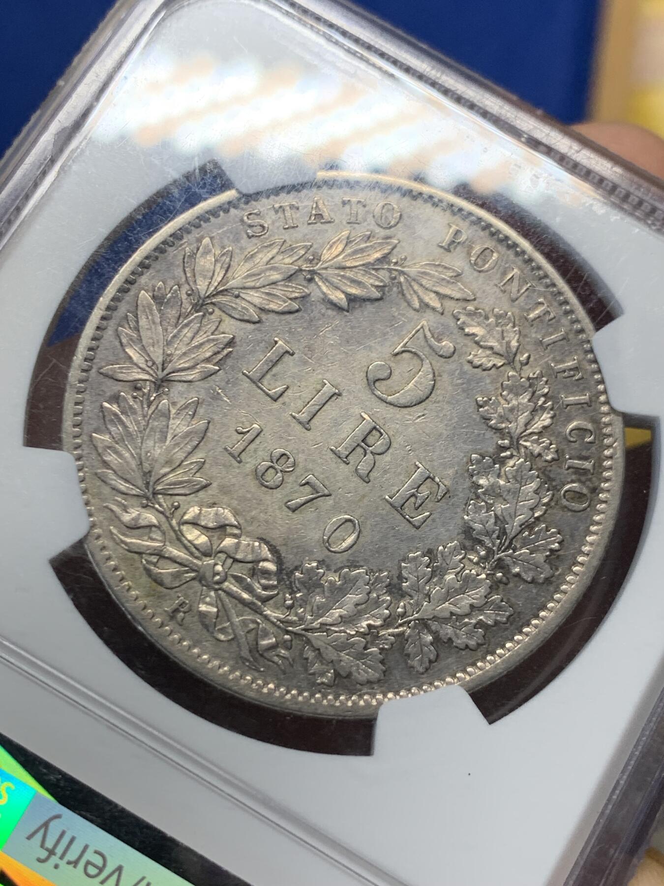 《竞宝斋》第404场 周日，周一，2场连拍 （全场包邮） NGC AU 1870年 教皇国梵蒂冈5里拉大银  欧洲包浆 NGC严评