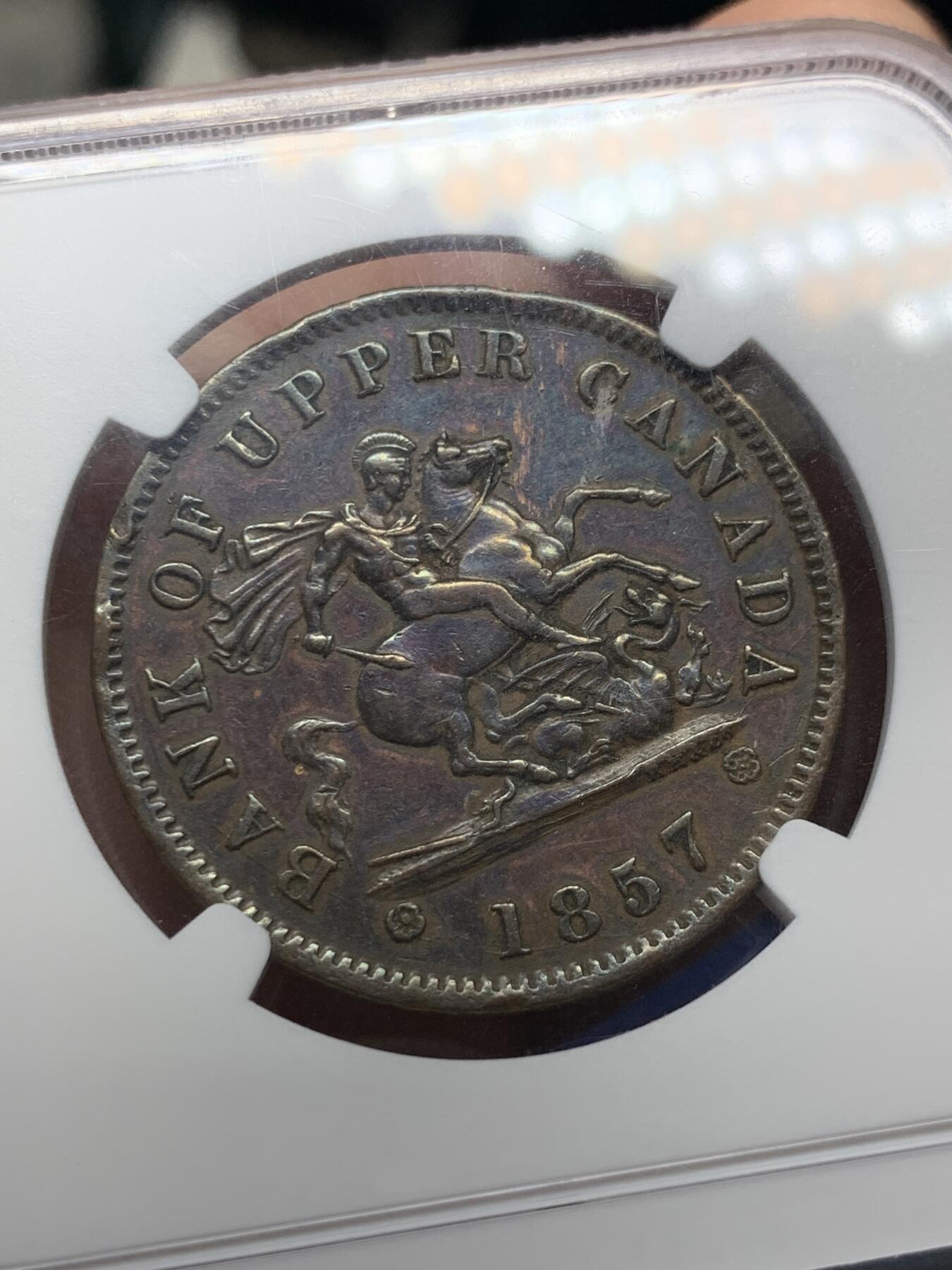 《竞宝斋》第404场 周日，周一，2场连拍 （全场包邮） NGC XFD 加拿大1857年1便士马剑铜币，少见的马剑铜币