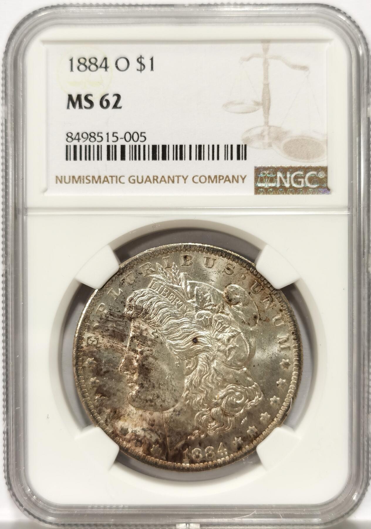 博洋堂德系小专场暨第132期（全场包邮） NGC MS62 美国1884年O版摩根银币，币面干净利落，非常漂亮