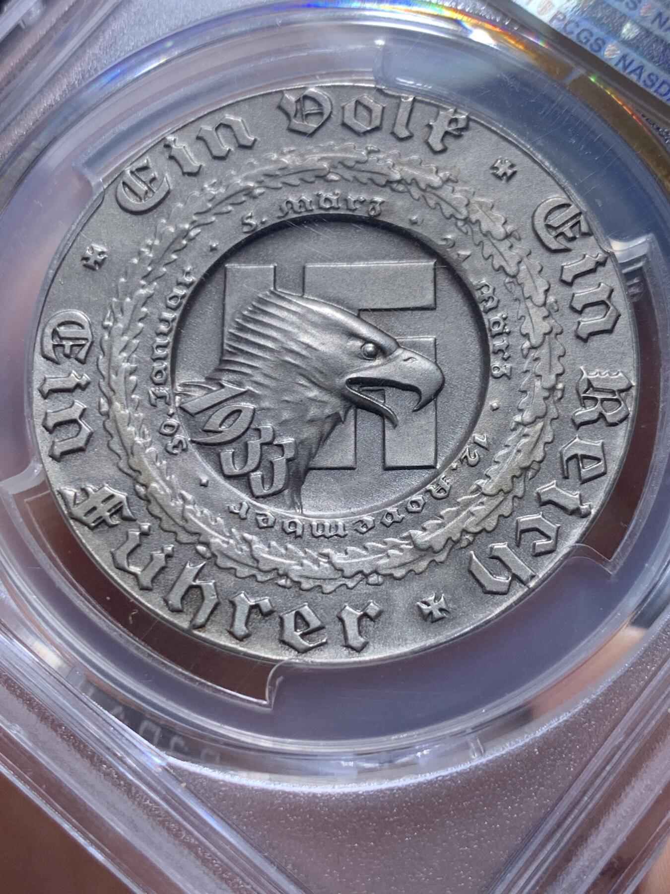《竞宝斋》第404场 周日，周一，2场连拍 （全场包邮） PCGS MS63 德国 1933年 民族社会主义工人党党魁大事记纪念银章 状态绝了 官方图片错误