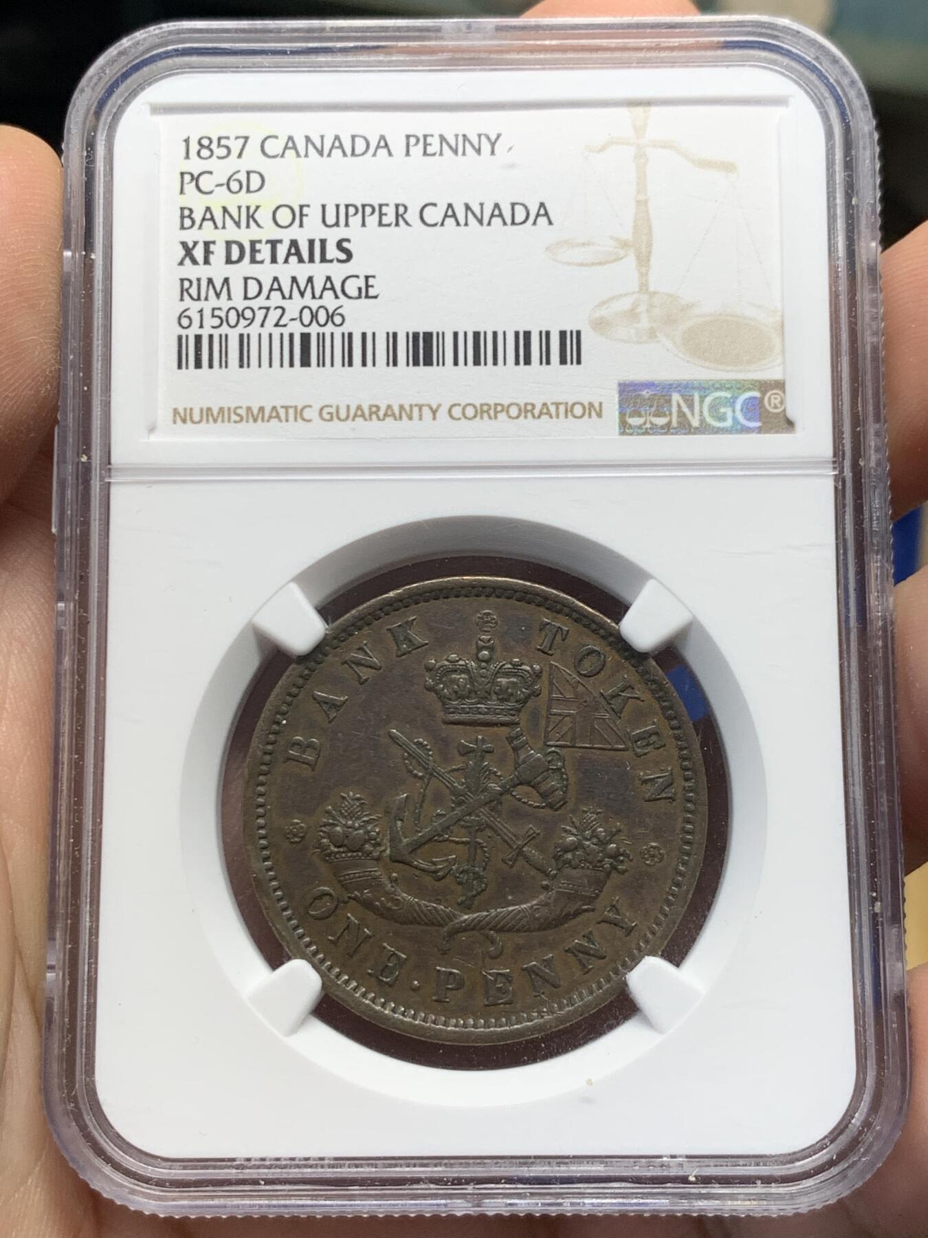 《竞宝斋》第404场 周日，周一，2场连拍 （全场包邮） NGC XFD 加拿大1857年1便士马剑铜币，少见的马剑铜币
