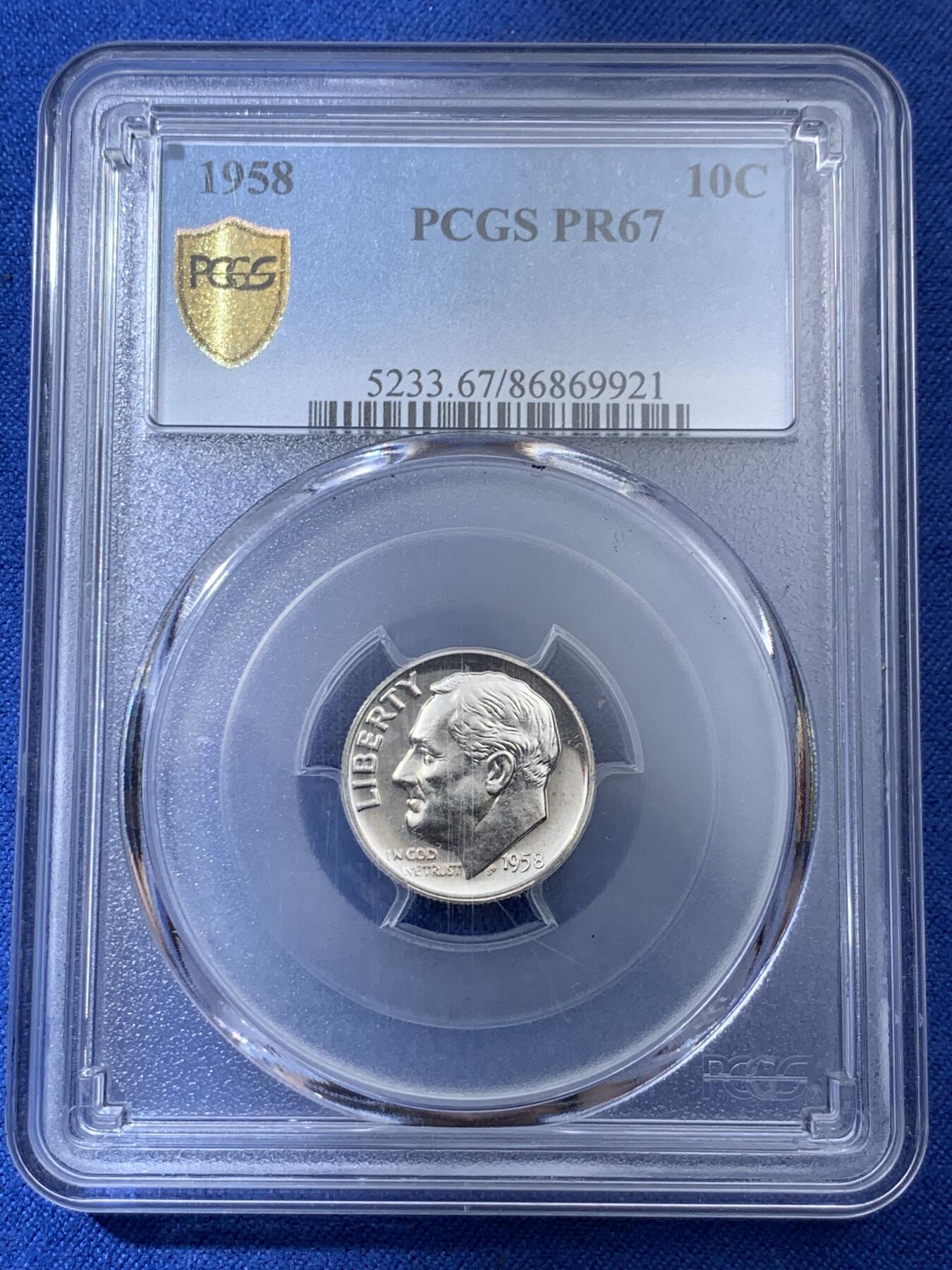 《竞宝斋》第404场 周日，周一，2场连拍 （全场包邮） PCGS PR67 美国1958年罗斯福10分精制银币