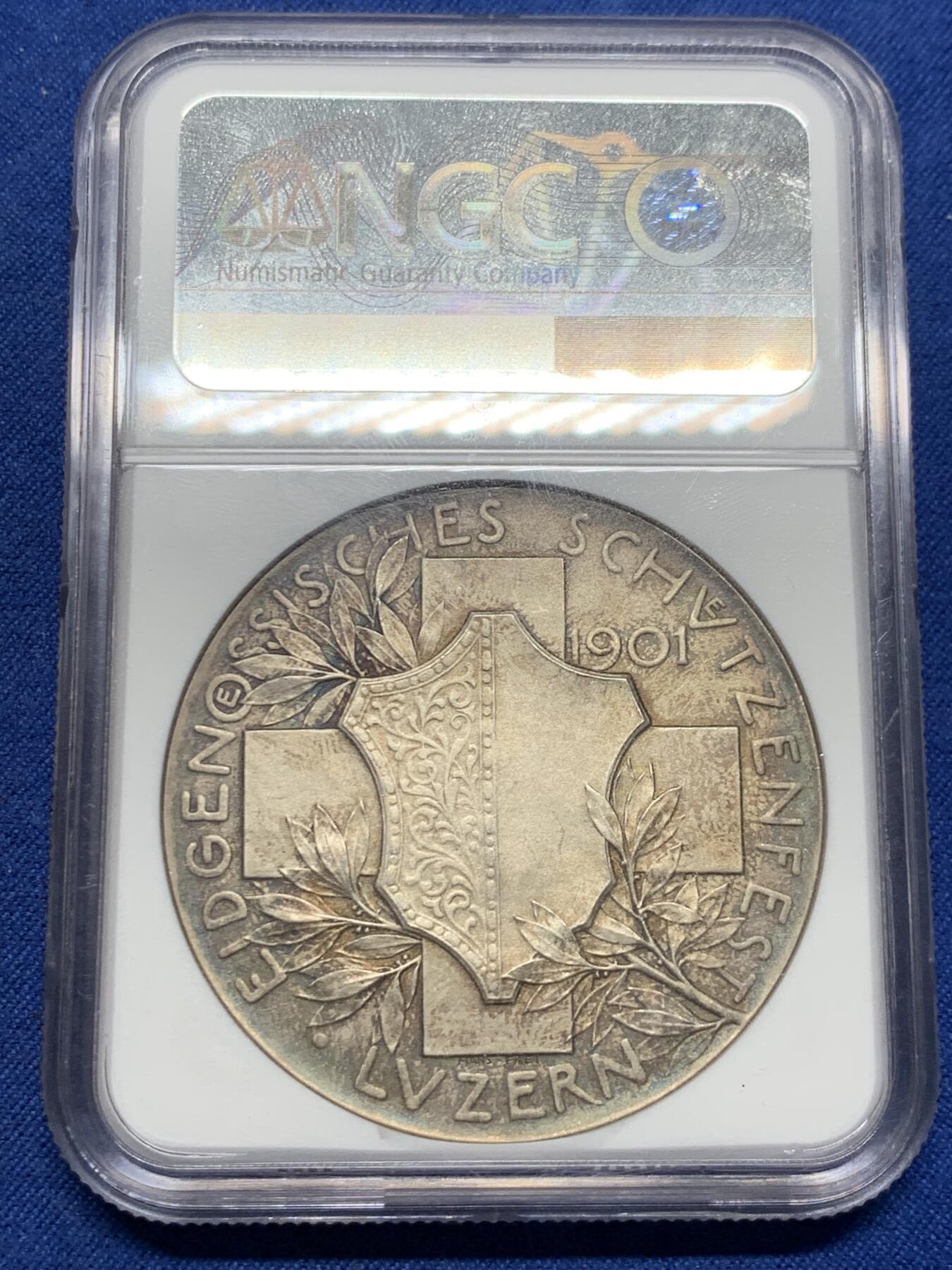 《竞宝斋》第404场 周日，周一，2场连拍 （全场包邮） NGC MS65 瑞士1901卢塞恩射击节银章 45mm 高分