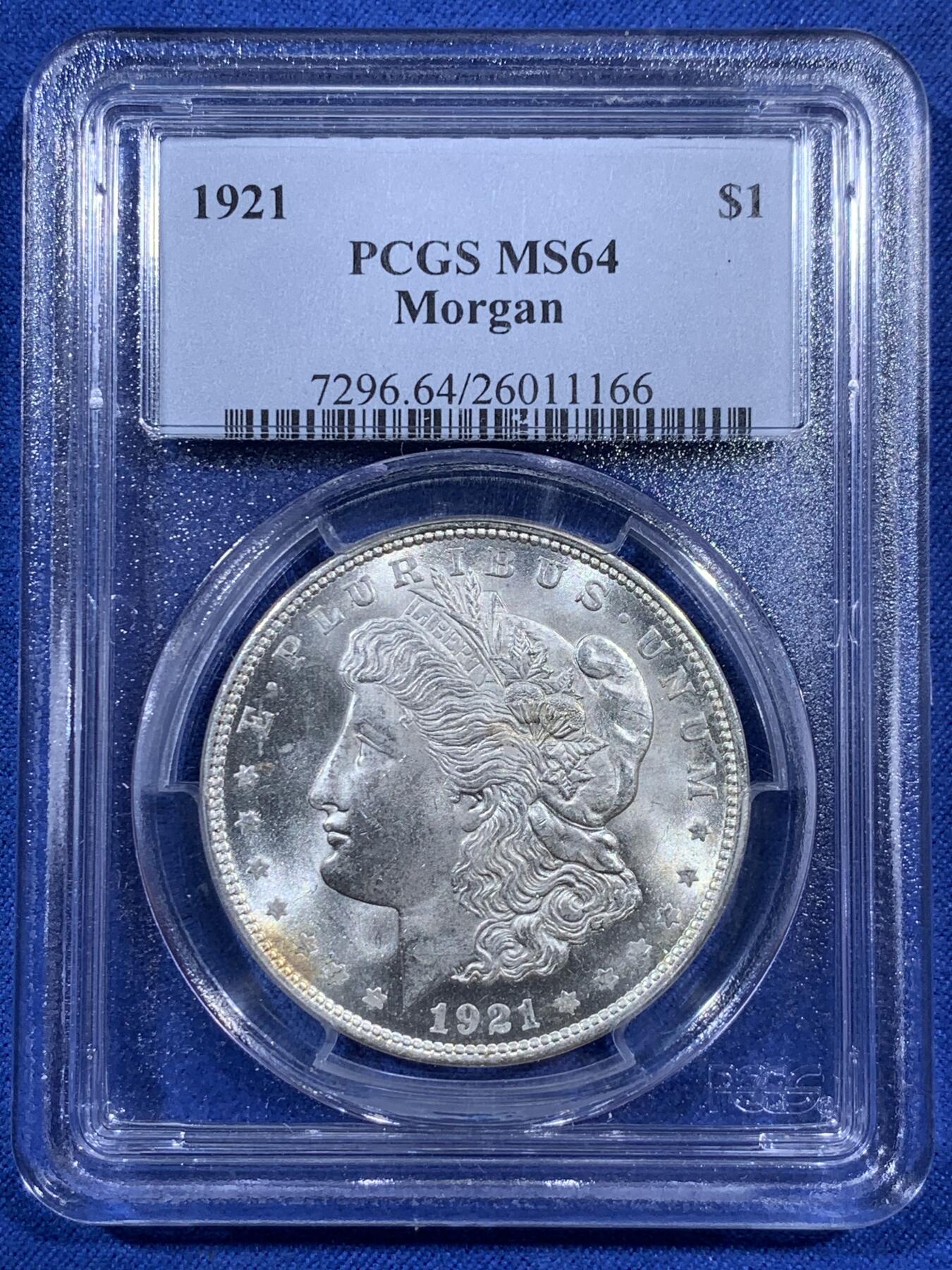 《竞宝斋》第404场 周日，周一，2场连拍 （全场包邮） PCGS MS64 美国1921年 摩根银币 早期P盒标签 状态挺不错