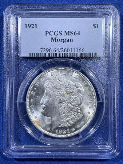 《竞宝斋》第404场 周日，周一，2场连拍 （全场包邮） - PCGS MS64 美国1921年 摩根银币 早期P盒标签 状态挺不错