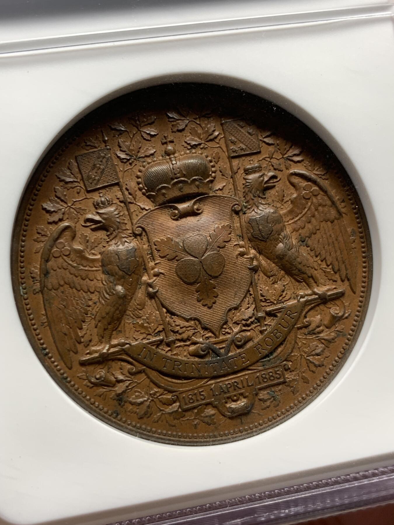 《竞宝斋》第404场 周日，周一，2场连拍 （全场包邮） 亚军分 NGC MS64BN 德国1885年铁血宰相俾斯麦70大寿纪念铜章（加厚盒）