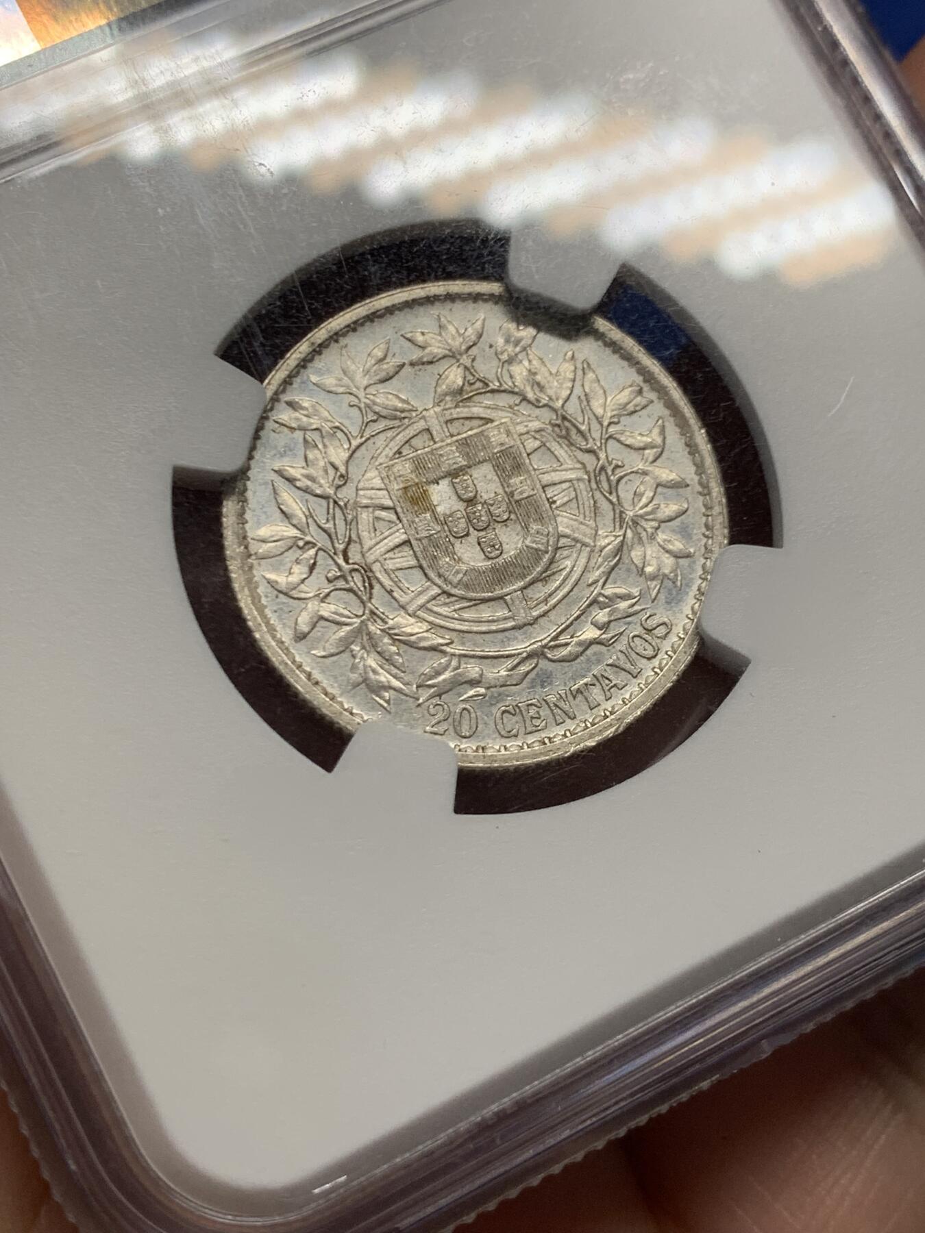 《竞宝斋》第404场 周日，周一，2场连拍 （全场包邮） NGC UNC 葡萄牙1916年20cent银币 筋币