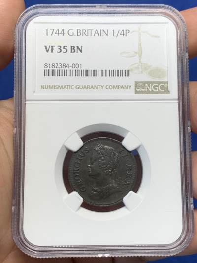 《竞宝斋》第404场 周日，周一，2场连拍 （全场包邮） - NGC VF35 1744年英国法新铜币 稀少品种巧克力包浆 头像清晰略低评 XF克书260刀