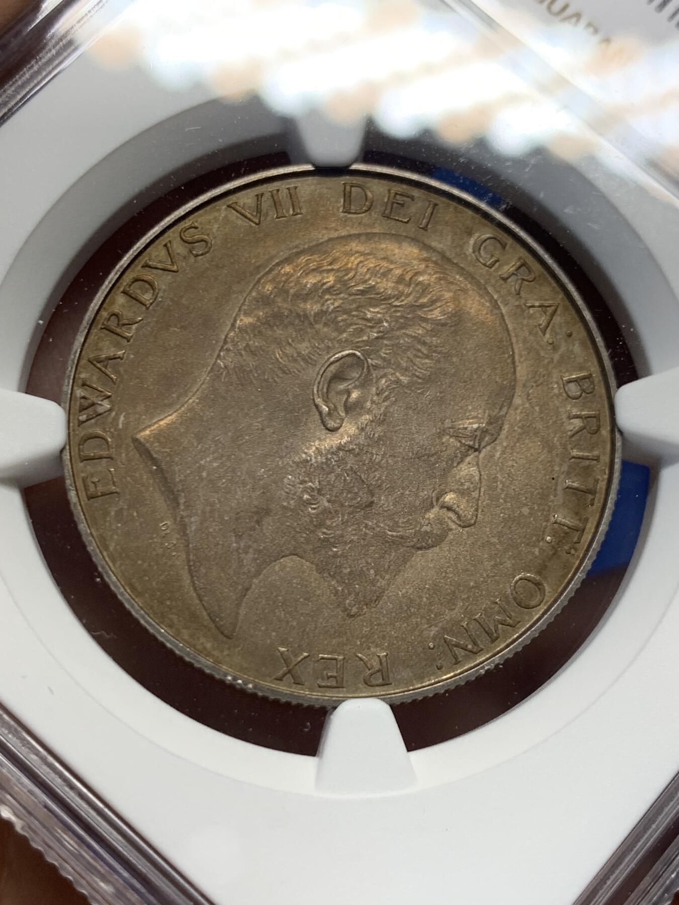 《竞宝斋》第404场 周日，周一，2场连拍 （全场包邮） NGC PF63MATTE 英国1902年爱七半克朗精制银币