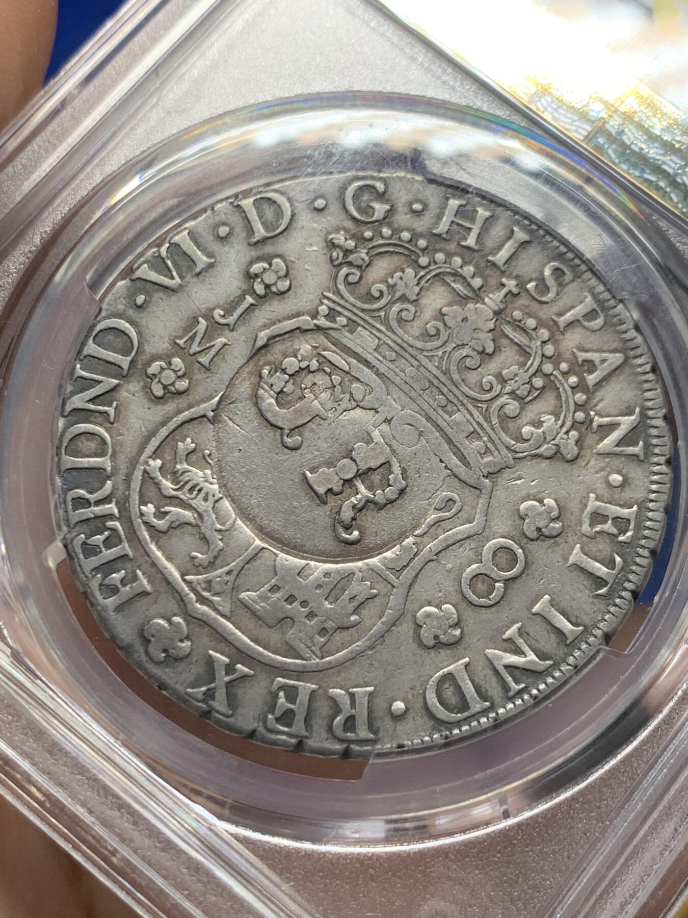 《竞宝斋》第404场 周日，周一，2场连拍 （全场包邮） 亚军分 PCGS XF40 英属牙买加 1758 加盖秘鲁8里亚尔，比加盖墨西哥少几个数量级  打制状态低评严重