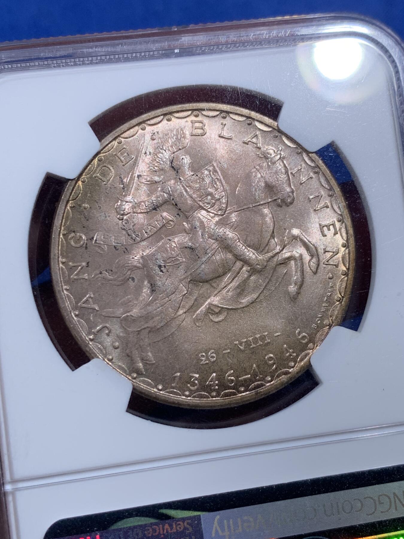 《竞宝斋》第404场 周日，周一，2场连拍 （全场包邮） NGC MS65 卢森堡1946年盲人约翰战死600周年纪念100法朗马剑银币