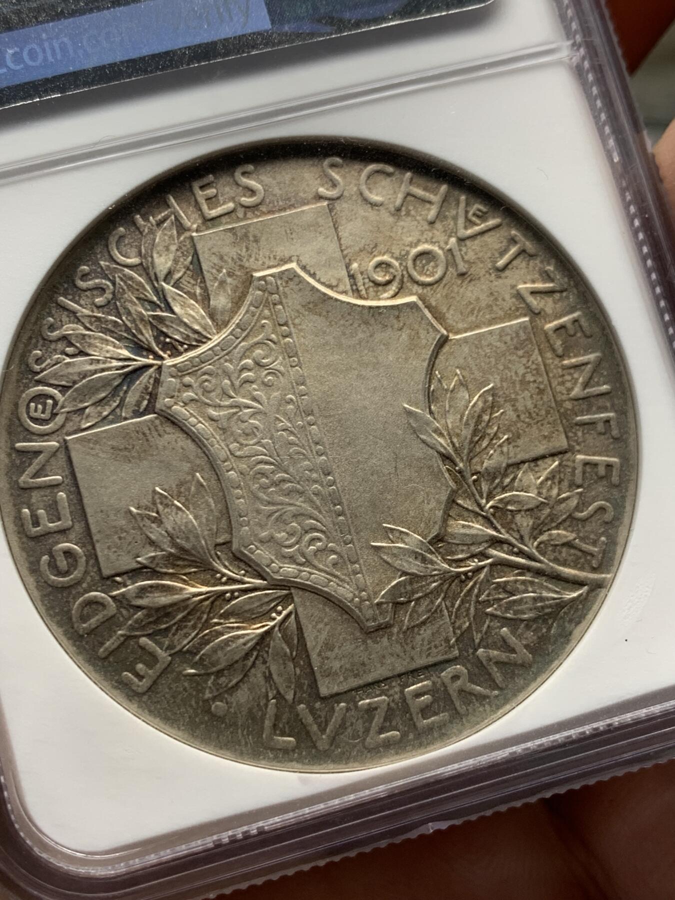 《竞宝斋》第404场 周日，周一，2场连拍 （全场包邮） NGC MS65 瑞士1901卢塞恩射击节银章 45mm 高分