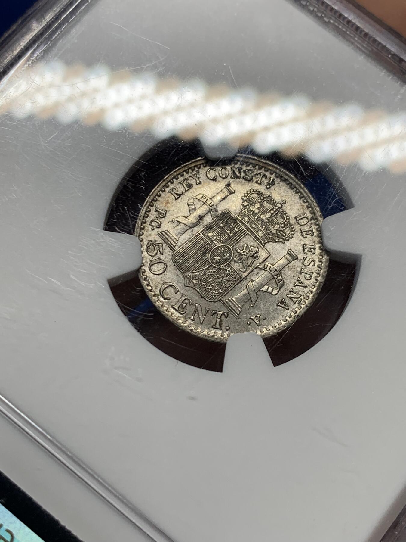 《竞宝斋》第404场 周日，周一，2场连拍 （全场包邮） NGC MS62 西班牙 1904(10)年 50分小银币 转光好品