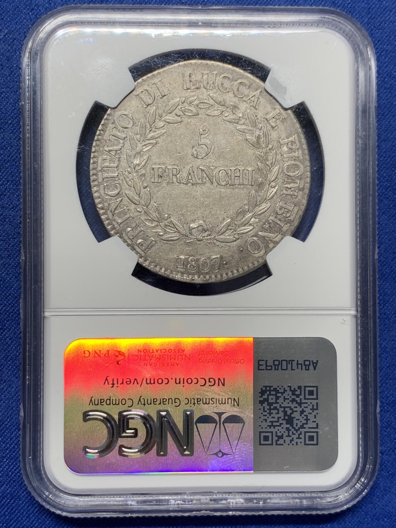 《竞宝斋》第404场 周日，周一，2场连拍 （全场包邮） NGC AU53 意大利1807年卢卡公国5法郎大银币，拿破仑系列重要的一枚，正面为拿破仑的妹妹和丈夫。原味醇厚包浆带转光