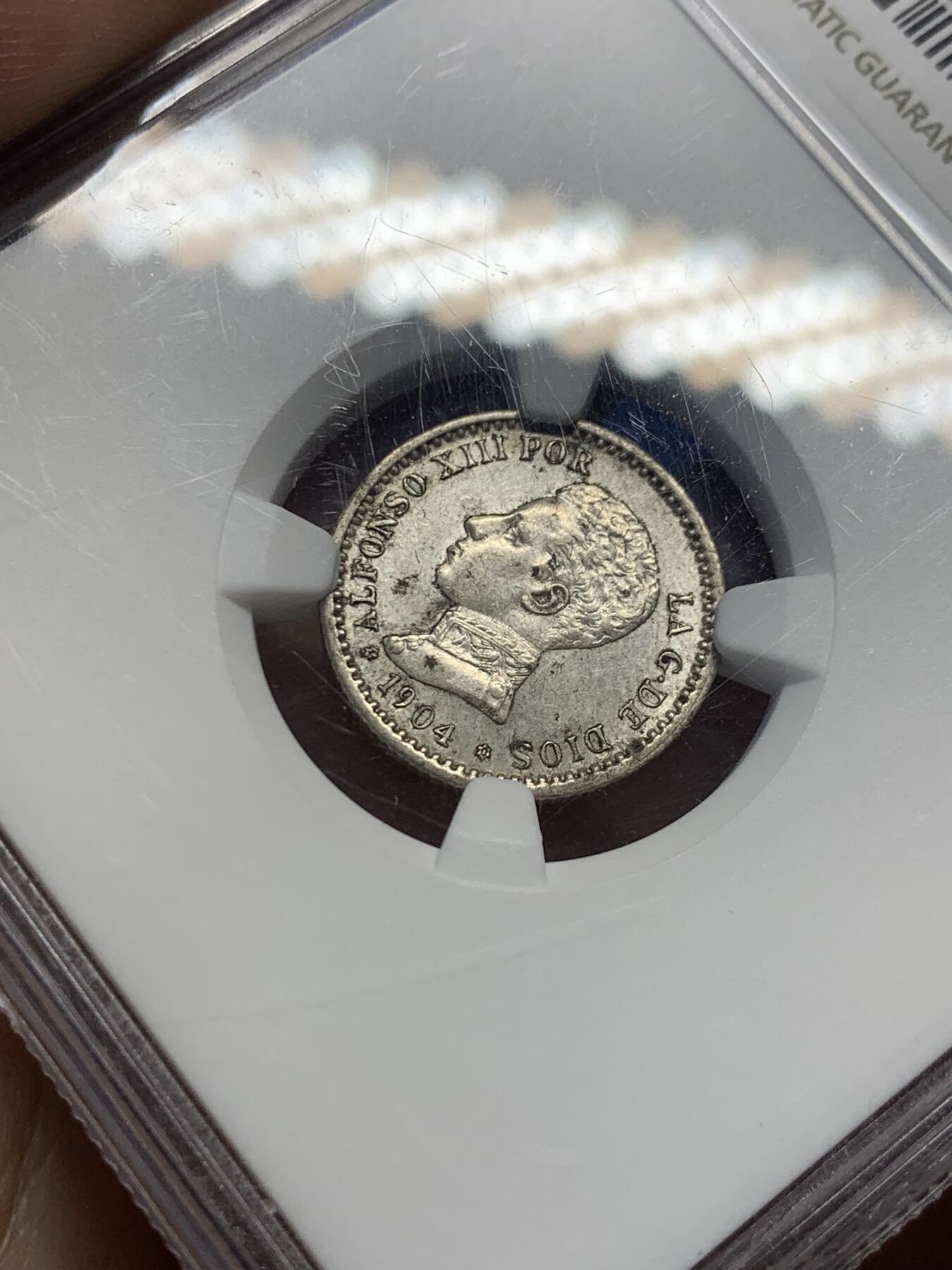 《竞宝斋》第404场 周日，周一，2场连拍 （全场包邮） NGC MS62 西班牙 1904(10)年 50分小银币 转光好品