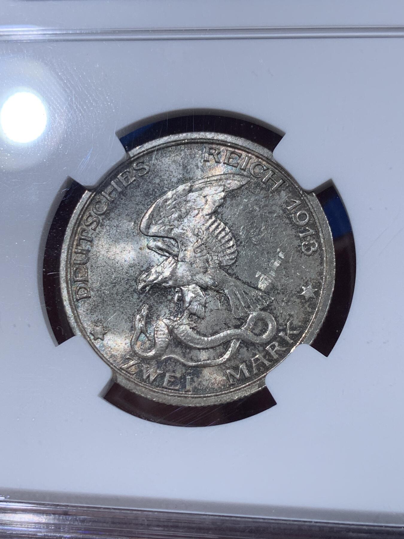 《竞宝斋》第404场 周日，周一，2场连拍 （全场包邮） NGC MS62 德国1913年2马克银币，击败拿破仑纪念，百年黄油彩包浆赏心悦目。