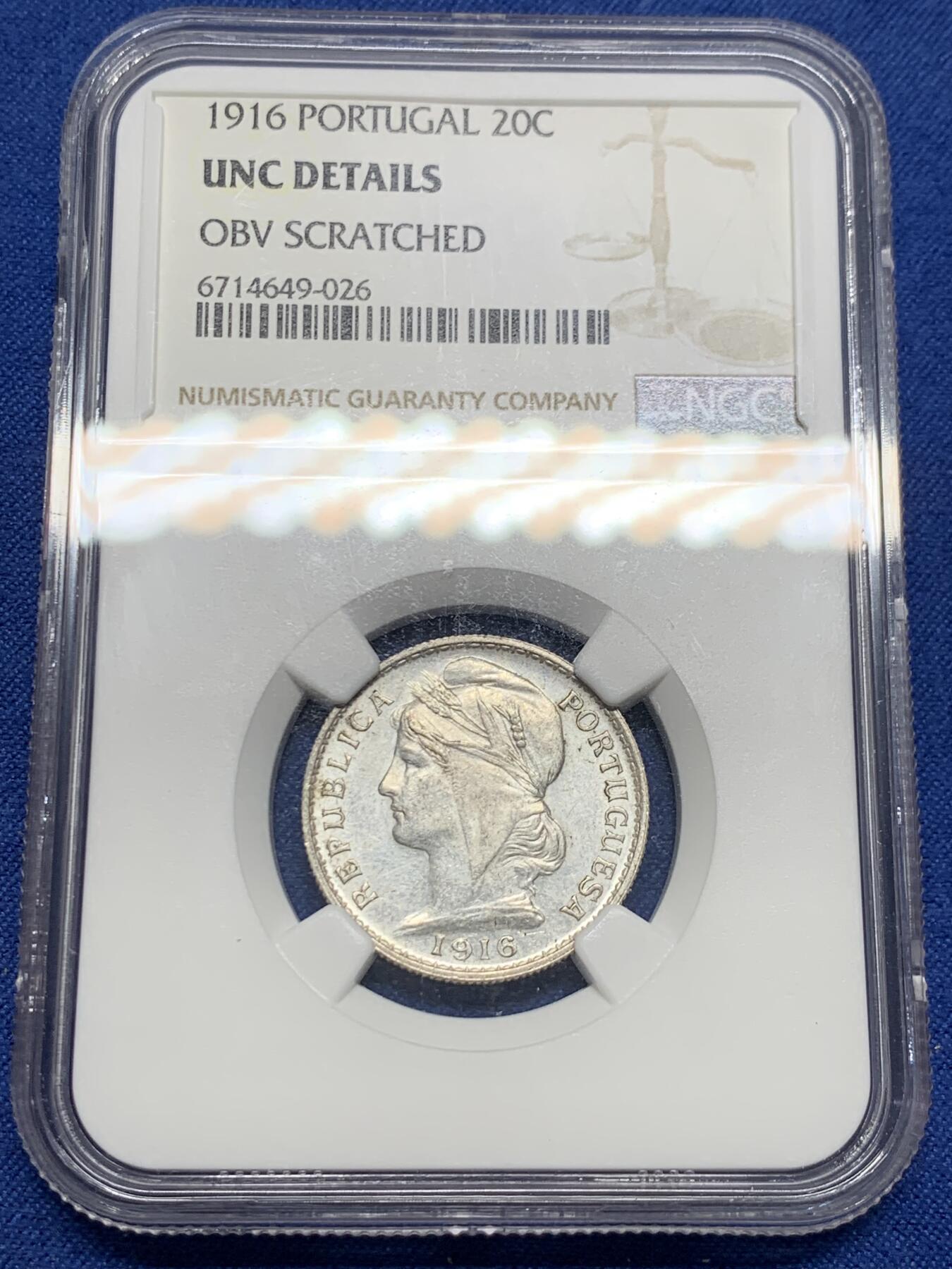 《竞宝斋》第404场 周日，周一，2场连拍 （全场包邮） NGC UNC 葡萄牙1916年20cent银币 筋币