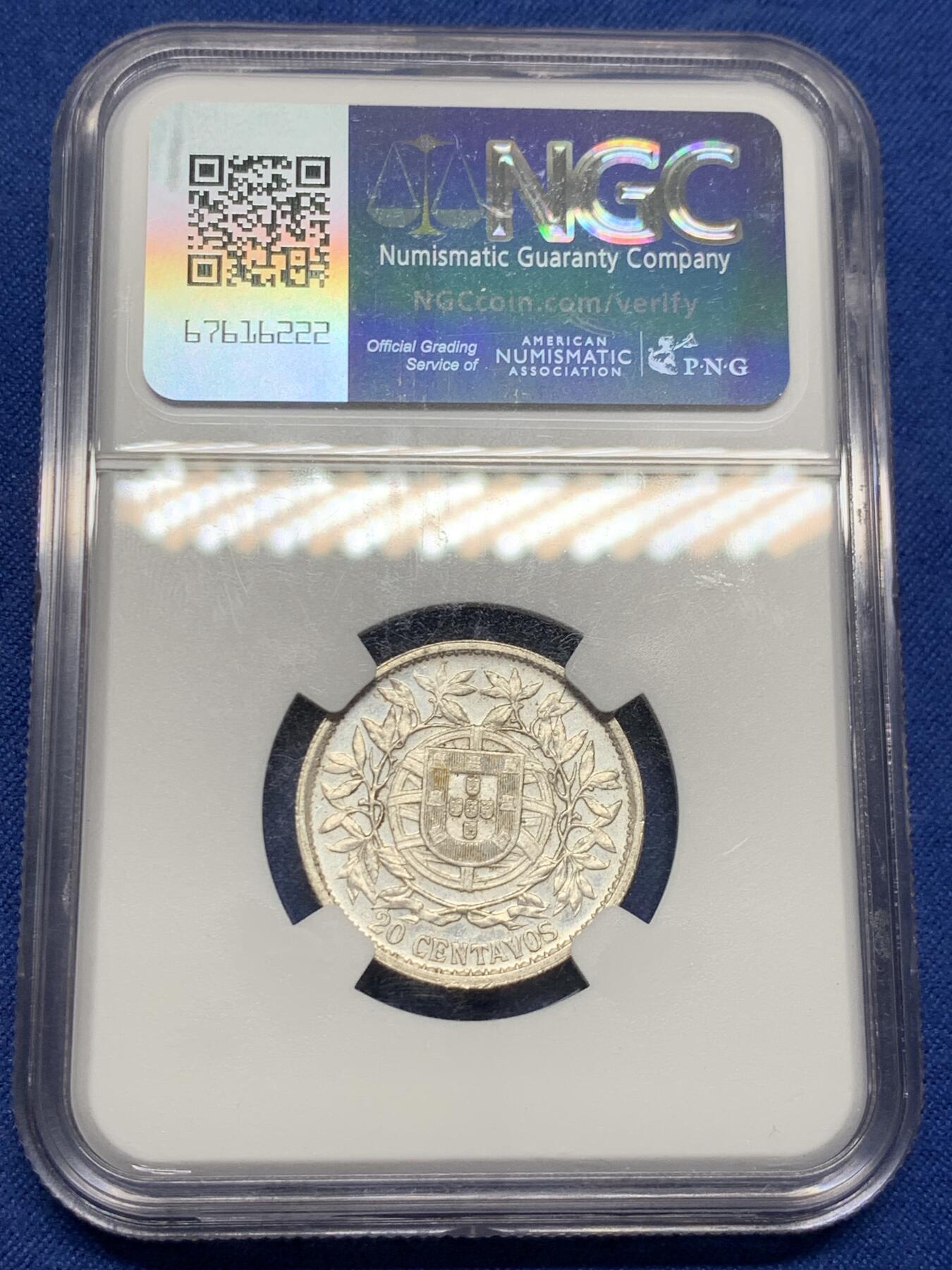 《竞宝斋》第404场 周日，周一，2场连拍 （全场包邮） NGC UNC 葡萄牙1916年20cent银币 筋币