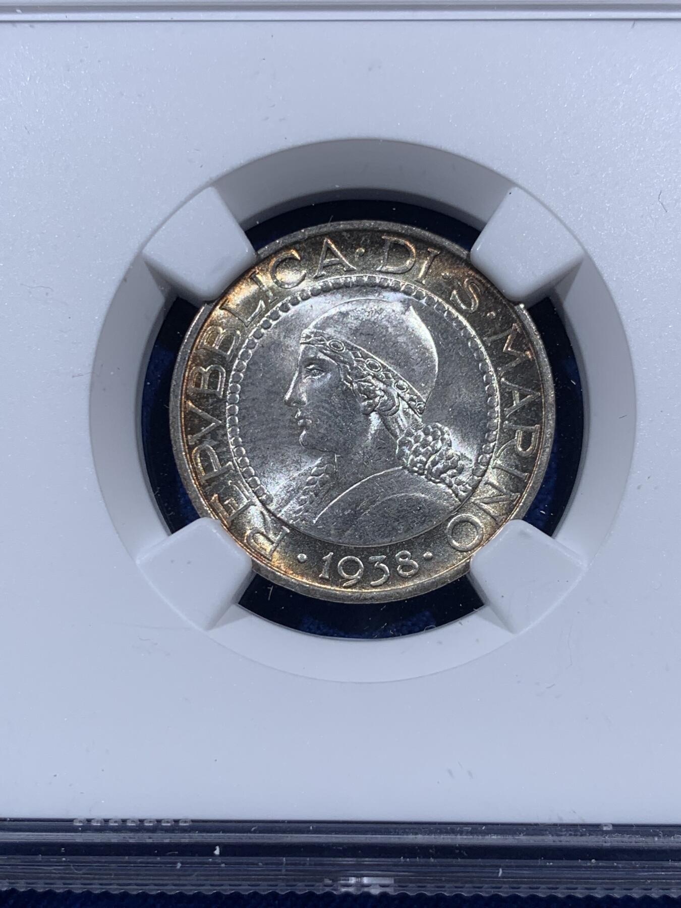 《竞宝斋》第404场 周日，周一，2场连拍 （全场包邮） NGC MS64 圣马力诺1938年女神半身像5里拉银币